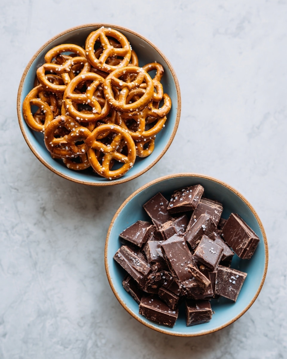 The image shows several irregular pieces of dark chocolate bark scattered on a dark surface. Each piece has a rich brown chocolate layer with visible embedded orange pretzel sticks that add texture and color contrast. The chocolate is slightly shiny with a textured, wavy surface, and some pieces have coarse white salt flakes sprinkled on top, enhancing the visual appeal. The pieces vary in size and have rough edges, giving a homemade feel. photo taken with an iphone --ar 4:5 --v 7
