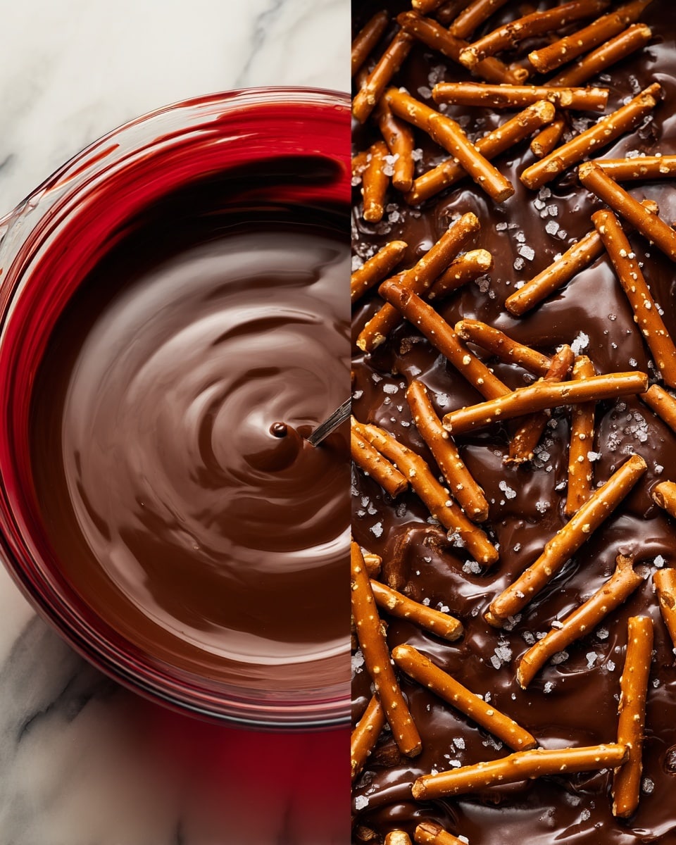 Two images side by side show the making of a chocolate pretzel snack. On the left, a clear glass bowl sits inside a red pan, filled with shiny melted chocolate coated over crunchy pretzel sticks, with the pretzels sitting mostly in the middle of the chocolate. On the right, a close-up shows a thick layer of mixed pretzels fully covered in shiny chocolate, with some salt crystals scattered on top, all spread evenly. The background is a white marbled texture. photo taken with an iphone --ar 4:5 --v 7