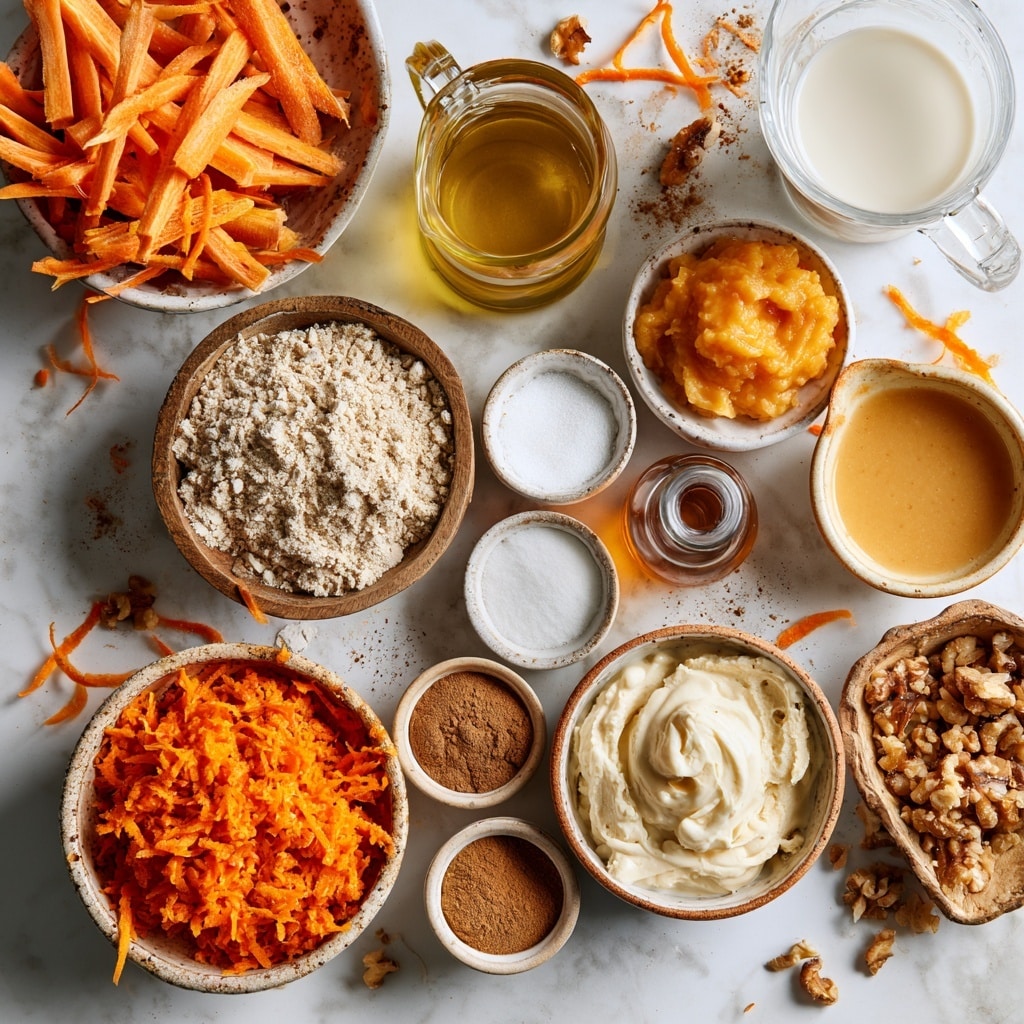 The image shows a close-up view of a thick batter spread unevenly over a white parchment paper lining a clear glass baking dish. The batter has a light beige color with visible small orange strips scattered throughout, suggesting shredded carrots mixed inside. The texture looks soft and slightly coarse with some patches thicker than others, filling the rectangular shape of the dish. The dish is set on a white marbled surface with a blue-green cloth partially placed underneath. The scene is lit with natural light, making the colors look soft and warm, photo taken with an iphone --ar 4:5 --v 7