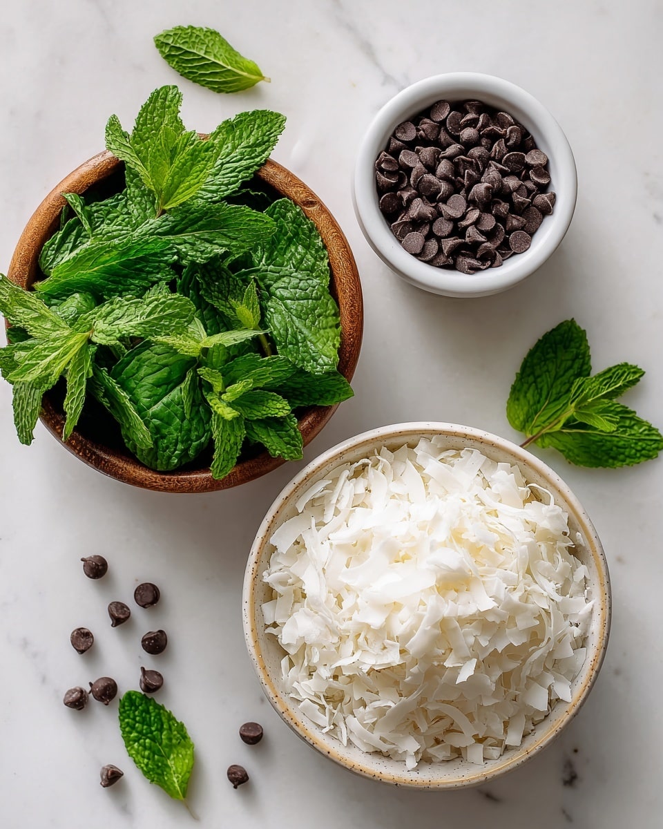 The image shows three bowls placed on a white marbled surface; the top left bowl is wooden and filled with fresh green mint leaves, the top right bowl is white and contains small round dark chocolate chips, and the large bowl at the bottom is white with a beige rim filled with shredded white coconut. Scattered around the bowls are a few loose mint leaves and chocolate chips, creating a simple and fresh arrangement. Photo taken with an iphone --ar 4:5 --v 7