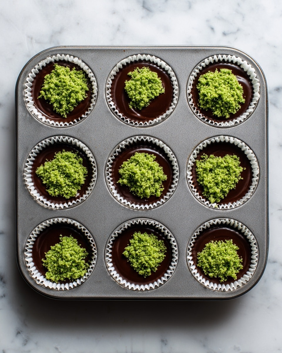 The image shows six white paper cupcake liners inside a metal muffin tray, each filled with a smooth, dark brown chocolate layer at the bottom. On top of the chocolate, there is a bright green crumbly topping spread unevenly in a small mound in the center of each cupcake liner. The green topping looks moist with a fine, grainy texture, contrasting with the shiny, smooth chocolate below. The overall scene is set on a white marbled surface with a slightly reflective quality, giving the image a clean and fresh look. photo taken with an iphone --ar 4:5 --v 7