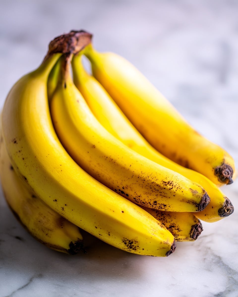 A close-up image of five yellow bananas clustered together with some dark spots on their skins. The bananas have brown ends, and they rest on a white marbled surface with slight shadows underneath. The focus is on the front bananas, showing their smooth texture and natural color details. The background is softly blurred to highlight the bananas in the foreground. Photo taken with an iphone --ar 4:5 --v 7