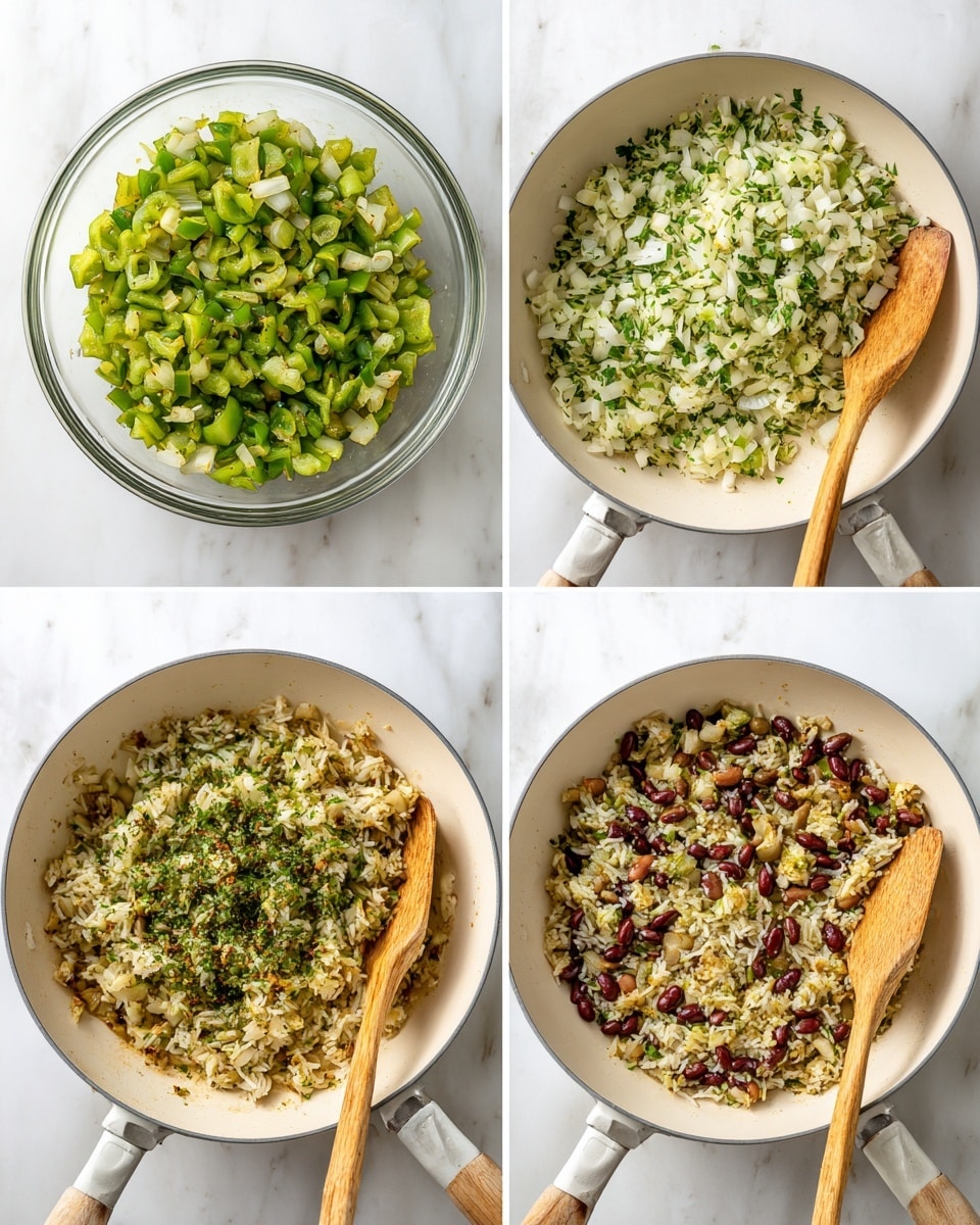 A white bowl filled with a layered dish starting with a base of cooked rice mixed with small pieces of green vegetables and kidney beans scattered throughout, topped with round slices of brown sausage. On one side of the bowl, there are three thin slices of bright green avocado neatly placed. The rice mixture is garnished with chopped green onions. A silver spoon is resting inside the bowl on the left side. The bowl sits on a white marbled surface. Photo taken with an iphone --ar 4:5 --v 7