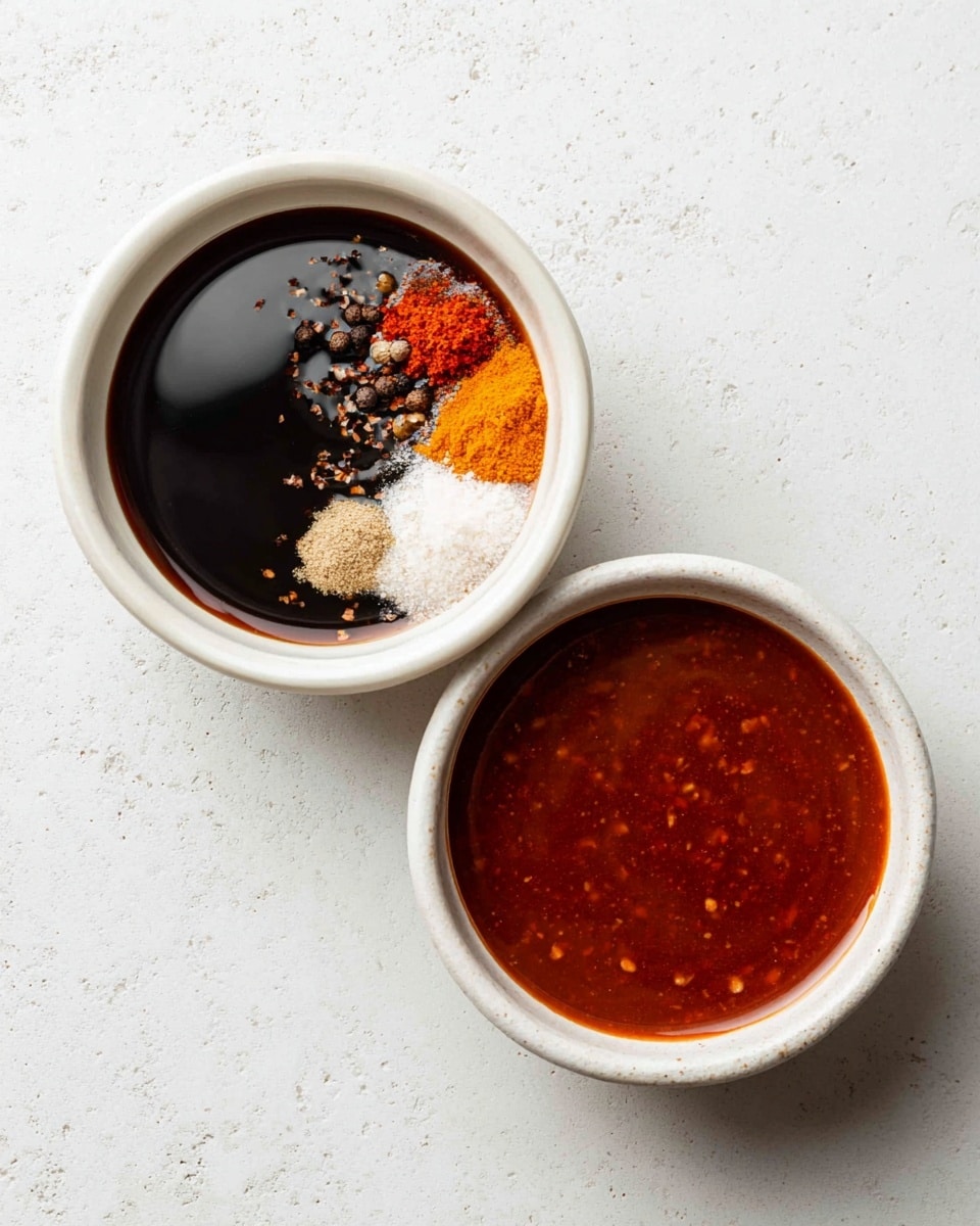 The image shows two white bowls on a white marbled surface, placed side by side. The bowl on the left contains several separate ingredients: a dark brown liquid that fills most of the bowl, with light beige powder, white powder, orange-red clumps, and some small darker spices resting on the surface, all unmixed. The bowl on the right contains a smooth reddish-brown sauce with small specks and a slightly thick texture, evenly mixed and filling the bowl almost to the top. Photo taken with an iphone --ar 4:5 --v 7