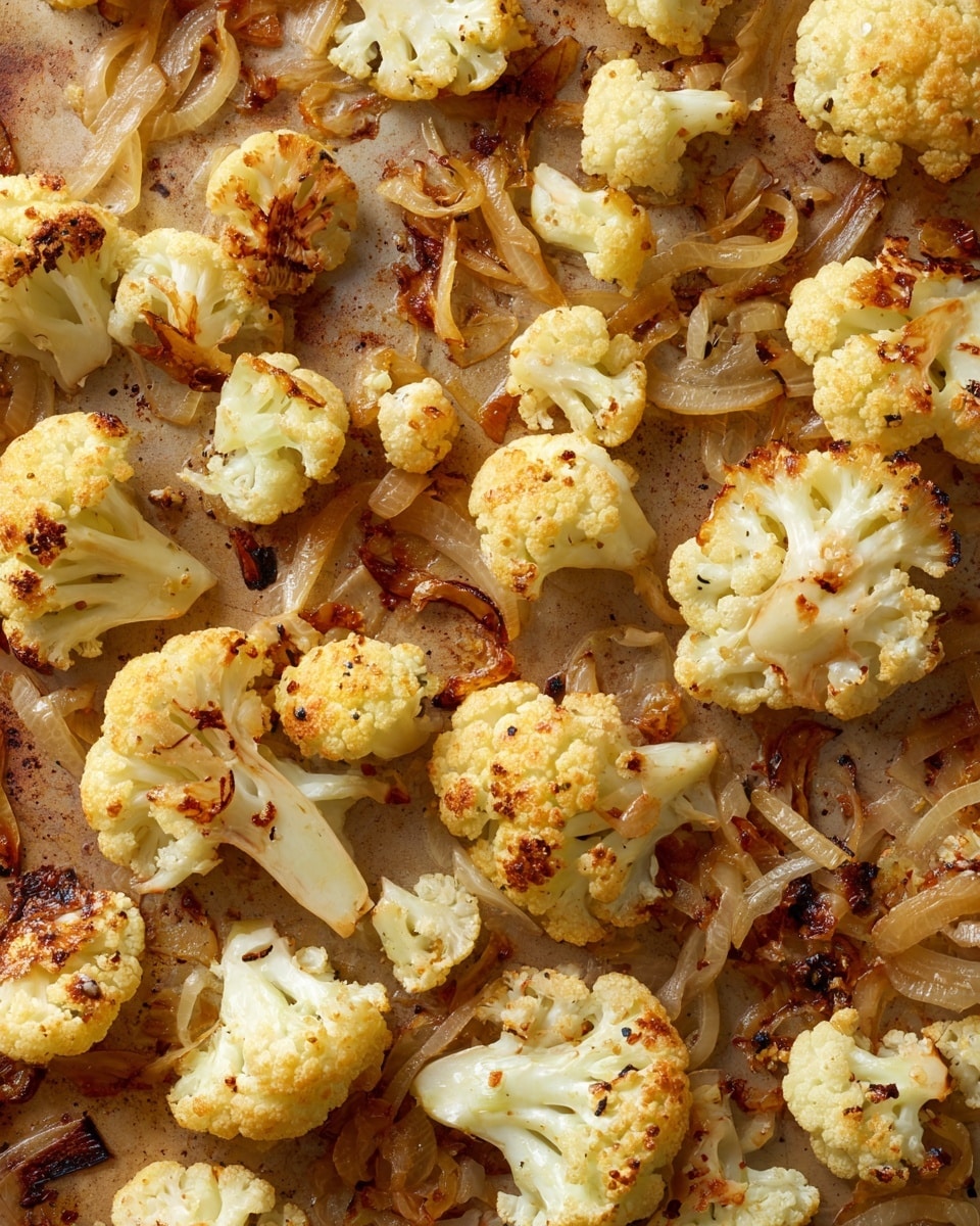 The image shows a baked dish of roasted cauliflower pieces scattered across a light brown baking sheet. The cauliflower is cut into small florets that range from pale cream to golden brown, some with slightly darkened, crispy edges. Mixed among the cauliflower are thin, soft-looking strands of cooked onions that have turned translucent to light brown. The surface underneath has a textured look with scattered oil drops and slight caramelization marks. photo taken with an iphone --ar 4:5 --v 7