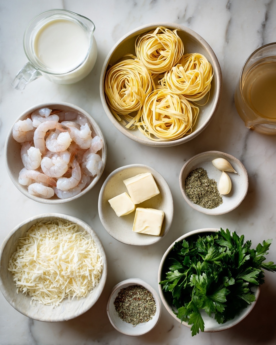 The image shows seven small white bowls arranged on a white marbled surface, each holding different ingredients. In the center, one bowl holds three nests of yellow uncooked tagliatelle pasta. To the bottom left, a bowl contains raw shrimp with a pale pink and white color and smooth texture. Near it, another bowl has two pieces of light yellow butter and three cloves of slightly pink garlic. On the bottom right, a bowl is filled with shredded white cheese. Above the cheese, a bowl holds fresh green parsley leaves with a leafy texture. To the top left, a measuring jug holds white cream. On the top right, a small bowl contains some dried green spices, and next to it, a jug is filled with a clear light brown liquid. The lighting is soft and natural, with the items clearly visible. Photo taken with an iphone --ar 4:5 --v 7