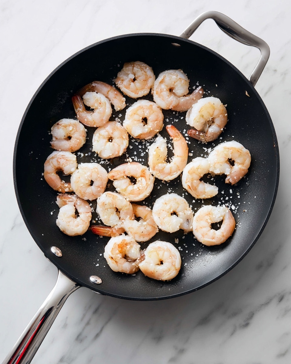 A black frying pan filled with one even layer of raw shrimp arranged in a circular pattern, each shrimp pale pink and translucent with a glistening texture. The pan has a silver handle with a red accent, placed on a white marbled surface. The shrimp cover almost the whole bottom of the pan with small spaces between them, showing a light seasoning of salt scattered across the pan’s dark surface. Photo taken with an iphone --ar 4:5 --v 7