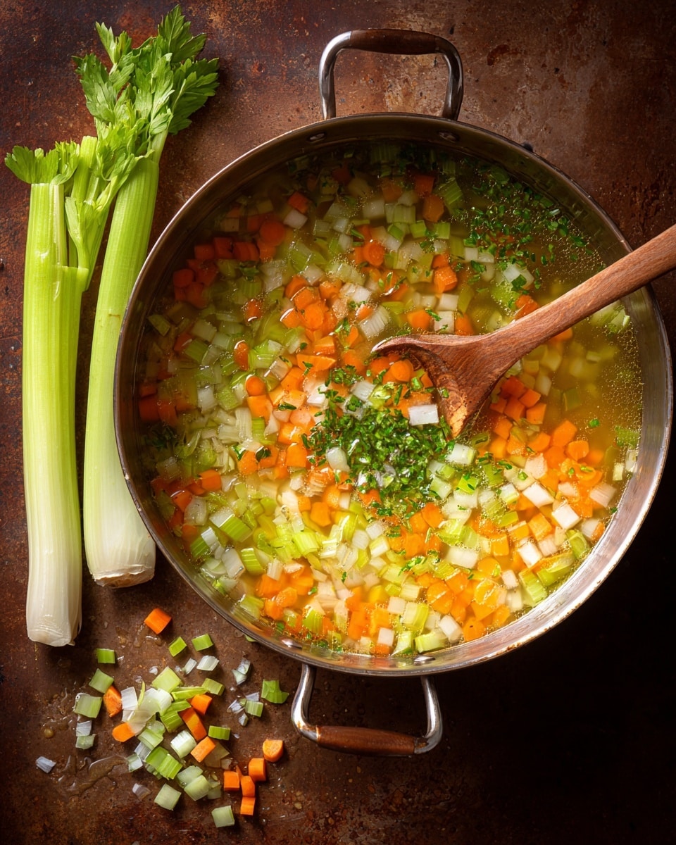 A metal pot filled with a clear broth base holding three main layers of diced vegetables: bright orange carrot slices scattered throughout, white and pale green chunks of celery, and small pieces of white onion. There is some finely chopped green herb sprinkled on top, adding a bright touch. A wooden spoon rests inside the pot, showcasing a few pieces of chopped vegetables. Outside the pot on a rustic dark brown surface, there are three long white and green celery stalks and some small diced vegetable bits scattered around. The whole scene has a warm, earthy feel. photo taken with an iphone --ar 4:5 --v 7