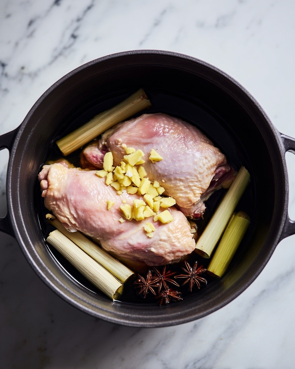 Inside a black pot, there are two raw chicken pieces placed side by side. On top of one chicken piece and around them, small yellowish chopped ginger pieces are scattered. Near the chicken, there are three white lemongrass stalks cut into short sections. A few brown star anise spices also lie to the side in the dark cooking liquid at the bottom. The pot's smooth black surface contrasts with the soft pink color of the chicken and the light yellow ginger. The scene is set on a white marbled texture. Photo taken with an iphone --ar 4:5 --v 7