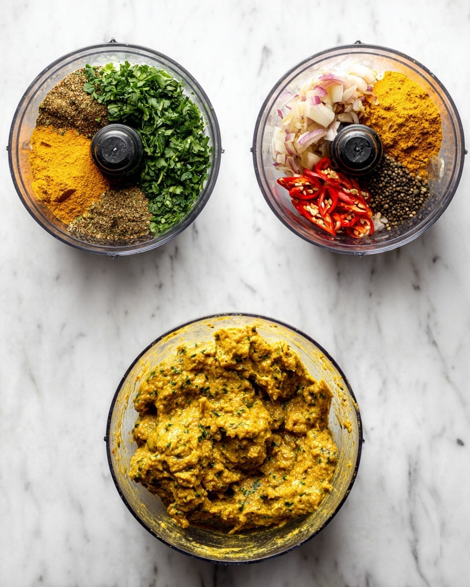 The image set shows three stages of making a dish in clear food processors and a glass bowl, all placed on a white marbled surface. The first image has whole ingredients inside the food processor: bright green cilantro on the upper right, red chili peppers and onions on the bottom right, yellow turmeric powder on the upper left, and black mustard seeds below the turmeric. The second image shows the ingredients ground into a thick, textured yellow-brown paste with some small flecks visible, filling the food processor bowl. The third image shows the final dish in a clear glass bowl, with a chunky, mixed yellowish-brown sauce that appears moist and well combined. photo taken with an iphone --ar 4:5 --v 7