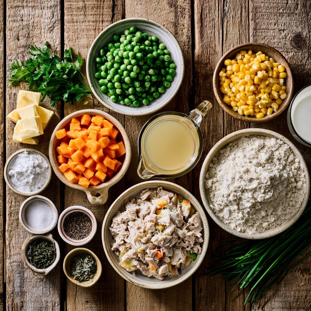 The image shows several round, pale beige biscuits with scalloped edges on top of a stew with light green peas, light brown sauce, and slices of light green potatoes. Each biscuit is sprinkled with tiny black and brown seeds and decorated with small green herb leaves or white shredded cheese. The biscuits are evenly spread over the stew, covering most of the visible surface. The background features a white marbled texture. Photo taken with an iphone --ar 4:5 --v 7