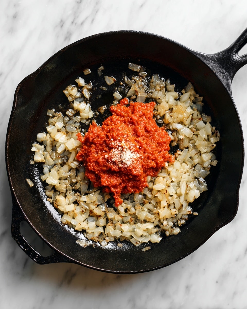 A close-up view of a black cast iron pan on a white marbled surface showing two main layers of ingredients: the bottom layer is a spread of finely chopped, sautéed onions that are golden and soft, covering most of the pan's surface except the center, while the top layer in the center is a small mound of thick, rich, red tomato paste with a slightly chunky texture and a sprinkle of white granulated seasoning on top. Photo taken with an iphone --ar 4:5 --v 7