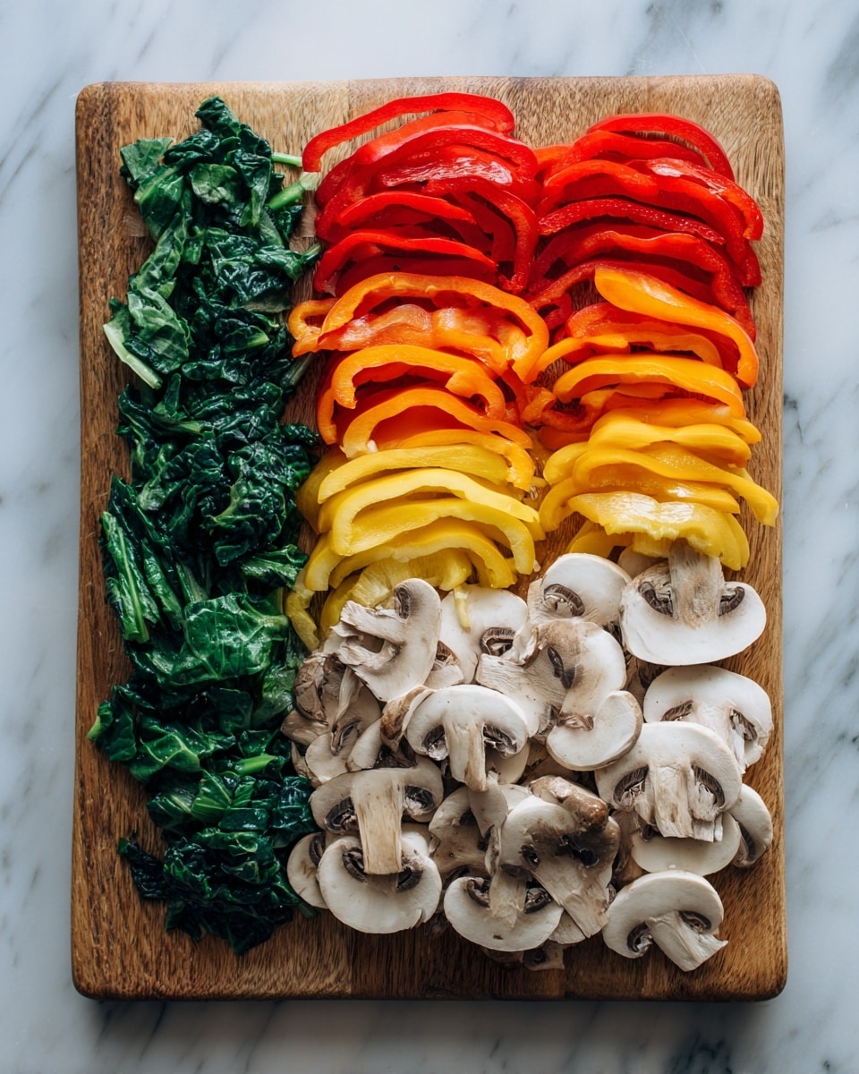 The image shows three neat rows of sliced vegetables arranged on a wooden board against a white marbled surface. On the left is a row of dark green leafy strips, in the middle are thin, long slices of red and orange bell peppers stacked in layers, and on the right are white sliced mushrooms with light brown edges, also arranged in layers. The vegetables have clear, fresh textures with bright colors. photo taken with an iphone --ar 4:5 --v 7