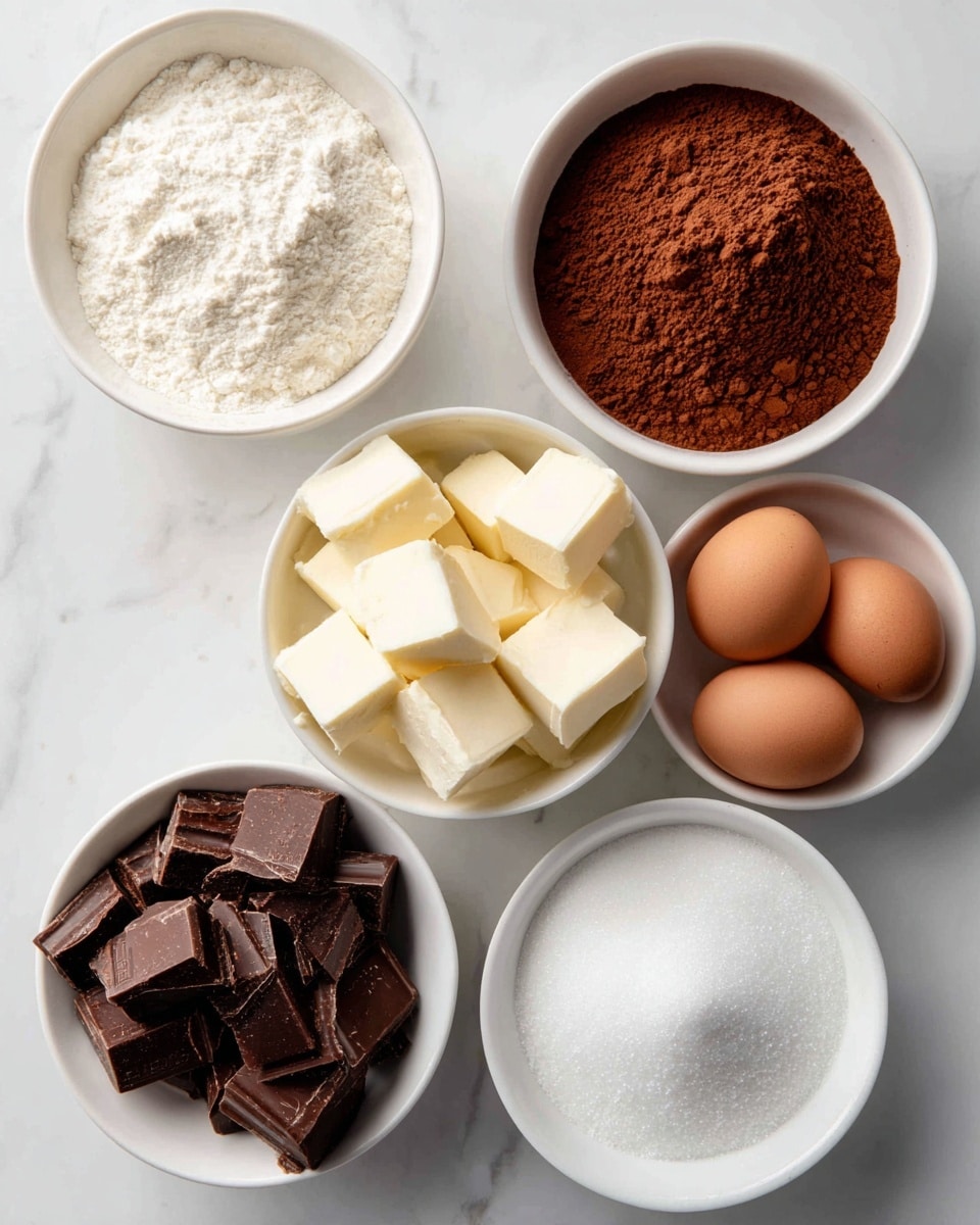 Six small white bowls are arranged on a white marbled surface in a loose circle. The top center bowl contains a pile of brown cocoa powder with a soft, fine texture. To the right, a bowl holds three smooth brown eggs. Below that, a bowl is filled with white granulated sugar, slightly heaped in the center. At the bottom left, a bowl shows dark chopped chocolate pieces with a rough texture. Above it, a bowl is filled with pale yellow cubes of butter stacked loosely. At the top left, a bowl holds white flour with a powdery texture. photo taken with an iphone --ar 4:5 --v 7