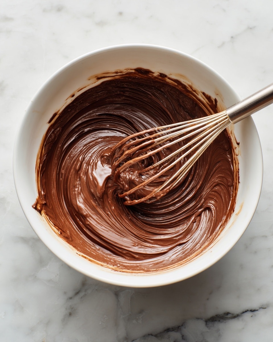 A white bowl sits on a white marbled surface, filled with smooth chocolate batter being stirred with a whisk. The batter has a rich, medium brown color with swirling patterns showing light and dark shades as it moves, giving a creamy and thick texture. The whisk is partially covered in the chocolate mixture, which clings to both the sides of the bowl and the whisk itself, emphasizing the blend in progress. Photo taken with an iphone --ar 4:5 --v 7