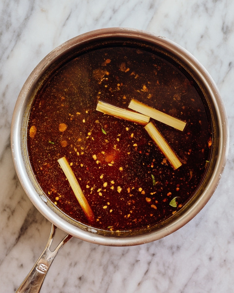 A metal pot filled with a dark reddish-brown broth showing small bits and specks throughout, with two pale yellow stick-like pieces floating near the center, all placed on a white marbled surface. photo taken with an iphone --ar 4:5 --v 7