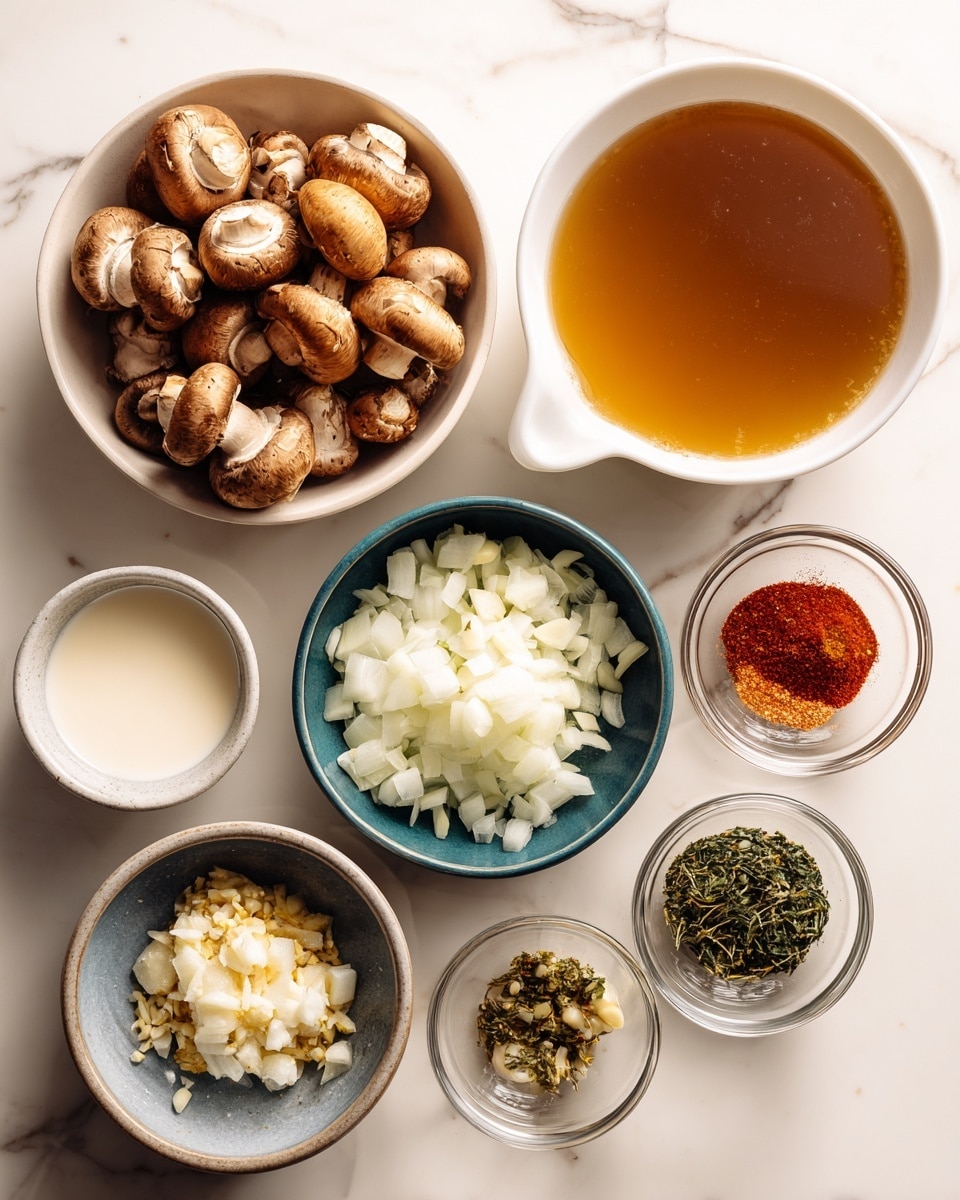 A top-down view of several small white bowls and one clear glass bowl arranged on a white marbled surface, each containing different ingredients: a bowl full of whole brown mushrooms sits in the center-left, below it is a bowl filled with chopped white onions, and to the right a bowl with white creamy sauce. Above the mushrooms is a bowl of white liquid, and next to it is a small blue-gray bowl with minced garlic and some red spice. To the right, the glass bowl holds green herbs, and below is a clear bowl with a red powdered spice. A large white mixing bowl filled with a brown broth-like liquid is placed on the top right side. Photo taken with an iphone --ar 4:5 --v 7