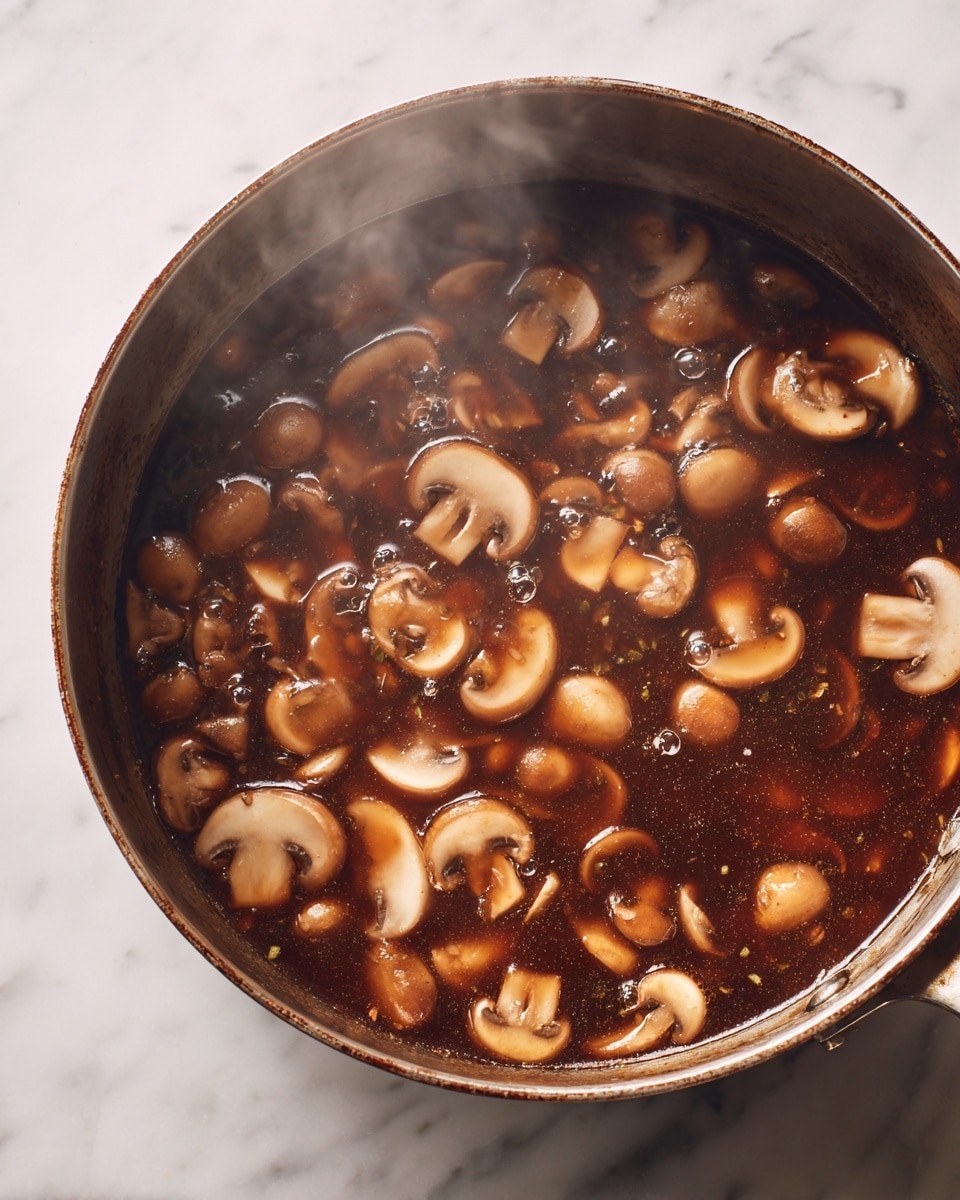 A close-up view of a cooking pot filled with a rich, dark brown sauce bubbling gently, containing many small pieces of sliced mushrooms scattered evenly throughout. The mushrooms range in color from light beige to soft brown and have a glossy texture from the sauce. The pot itself is metallic with a slightly worn look, and steam rises softly from the hot sauce, giving a sense of warmth and freshness. The pot sits on a white marbled surface visible in the background, creating a clean and simple setting. Photo taken with an iphone --ar 4:5 --v 7