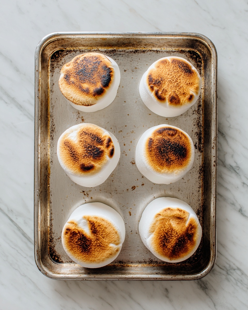 The image shows six toasted marshmallows placed on a silver baking tray with a worn look. Each marshmallow is round and white with a golden brown toasted top that fades slightly to a lighter brown as it reaches the edge. The marshmallows are arranged in two rows, with three marshmallows in each row, spaced evenly apart. The tray is set on a white marbled surface. The photo taken with an iphone --ar 4:5 --v 7
