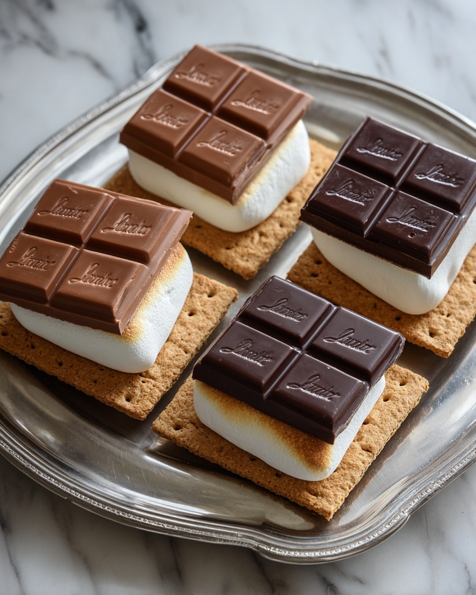 The image shows six s’mores arranged in two rows on a silver tray. Each s’more has three layers: the bottom layer is a square golden-brown graham cracker with a rough texture, the middle layer is a soft white marshmallow puff slightly larger than the cracker, and the top layer is a square piece of chocolate, some milk and some dark, each with clear segmented sections and the word