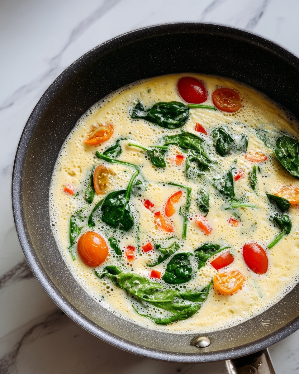 A close-up view of a cooking pan with a single layer of an omelette cooking, with a cream-colored egg base spread thinly across the pan. On top, there are bright green spinach leaves scattered unevenly, with small chunks of red bell pepper and halved cherry tomatoes adding bright red and orange colors. The bubbles of cooking egg create a light texture over the surface, and the pan is dark with a slightly shiny texture. The background shows a white marbled surface around the pan. photo taken with an iphone --ar 4:5 --v 7