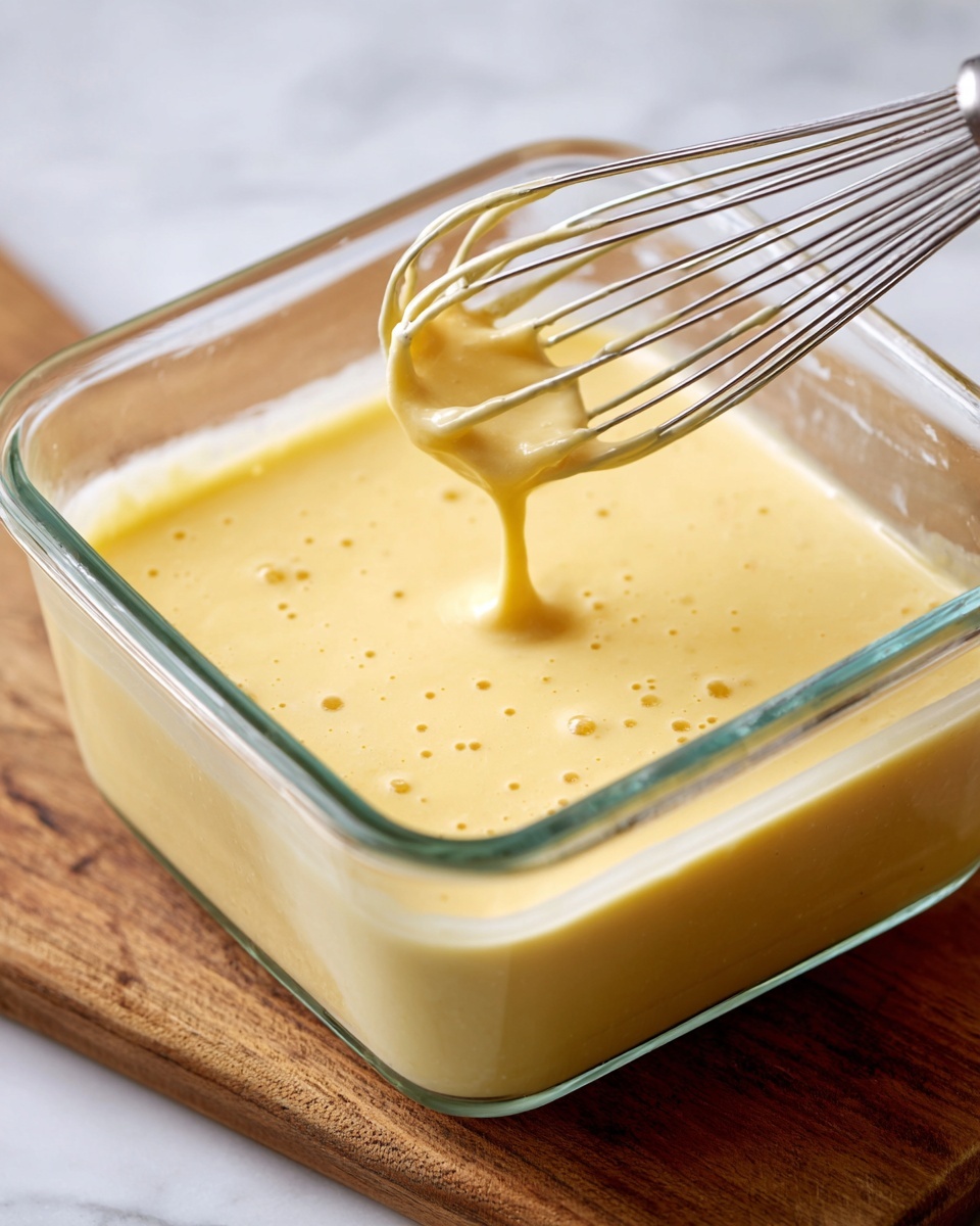 The image shows a clear glass rectangular container filled with a smooth, light yellow batter that has small bubbles on its surface. A metal whisk is inside the container, lifted slightly out of the batter, with some batter dripping off the wires. The container sits on a wooden surface, but the background is changed to a white marbled texture. The batter looks soft and creamy, with no visible lumps. photo taken with an iphone --ar 4:5 --v 7