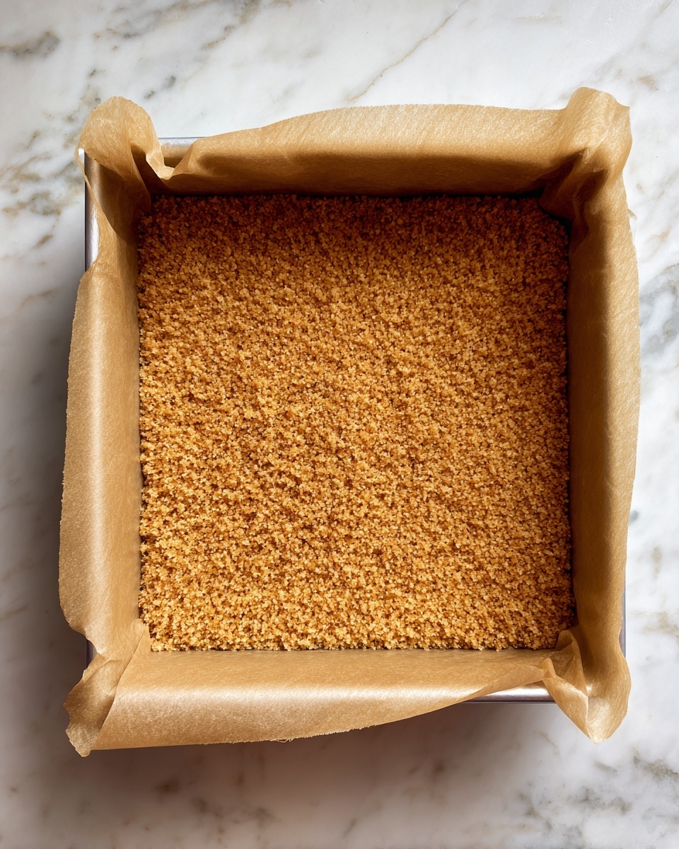 The image shows a square baking pan lined with parchment paper containing a single layer of pressed, golden-brown crumb mixture that looks firm and even, covering the bottom of the pan completely with a slightly rough texture. The background is a white marbled surface. photo taken with an iphone --ar 4:5 --v 7