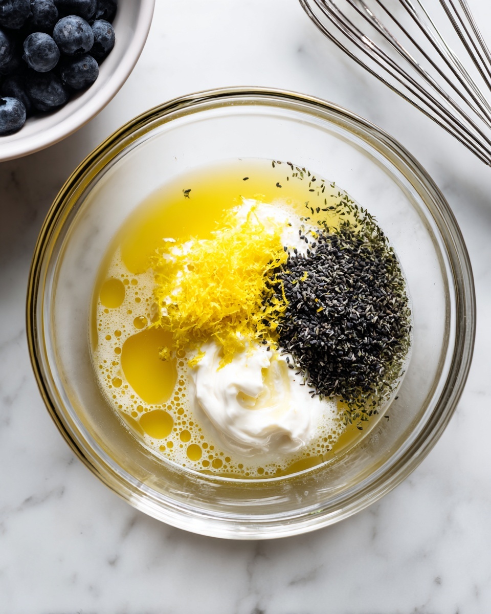 A clear glass bowl on a white marbled surface holds several layers of ingredients ready to be mixed. At the bottom, there is a pale yellow liquid with bubbles, likely honey pouring into the bowl, creating a shiny, smooth texture on one side. To the right, a pile of tiny black seeds is resting, rough in texture. Above the seeds is a dollop of thick, white creamy substance with a soft texture. A bright yellow zest or shredded peel is also visible in the liquid, adding a textured, speckled layer on one side. Part of a metal whisk is visible on the right edge, and a white bowl filled with dark blue round berries is partly seen on the left side of the frame. Photo taken with an iphone --ar 4:5 --v 7