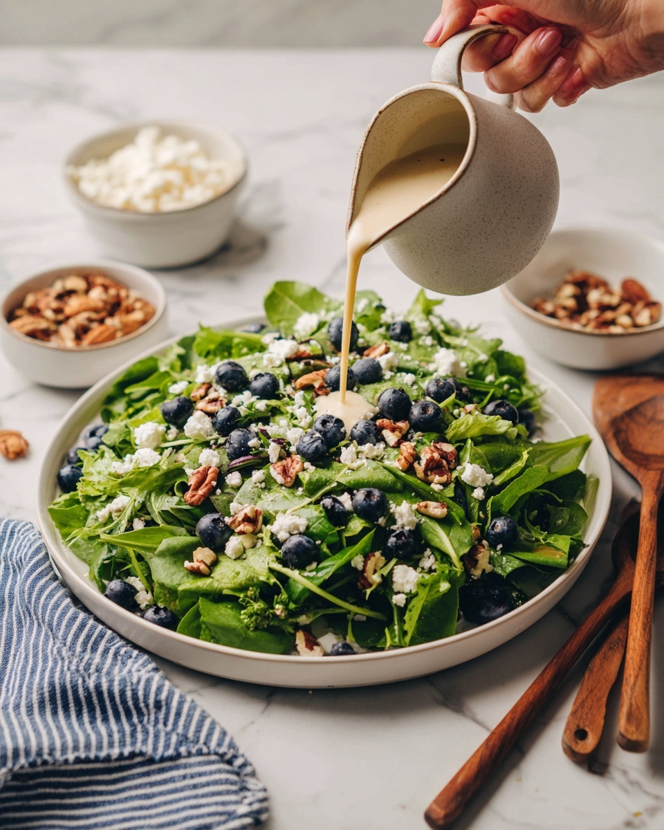 A white plate filled with mixed green leaves as the base layer, topped with scattered small blue blueberries and bits of white cheese spread evenly across the greens, along with a sprinkle of chopped brown nuts adding texture. A woman's hand is pouring a creamy light beige dressing over the salad from a small beige pitcher. In the background, on a white marbled surface, are two bowls, one filled with white cheese and the other with nuts, alongside a blue and white striped cloth and wooden salad spoons resting next to the plate. Photo taken with an iphone --ar 4:5 --v 7