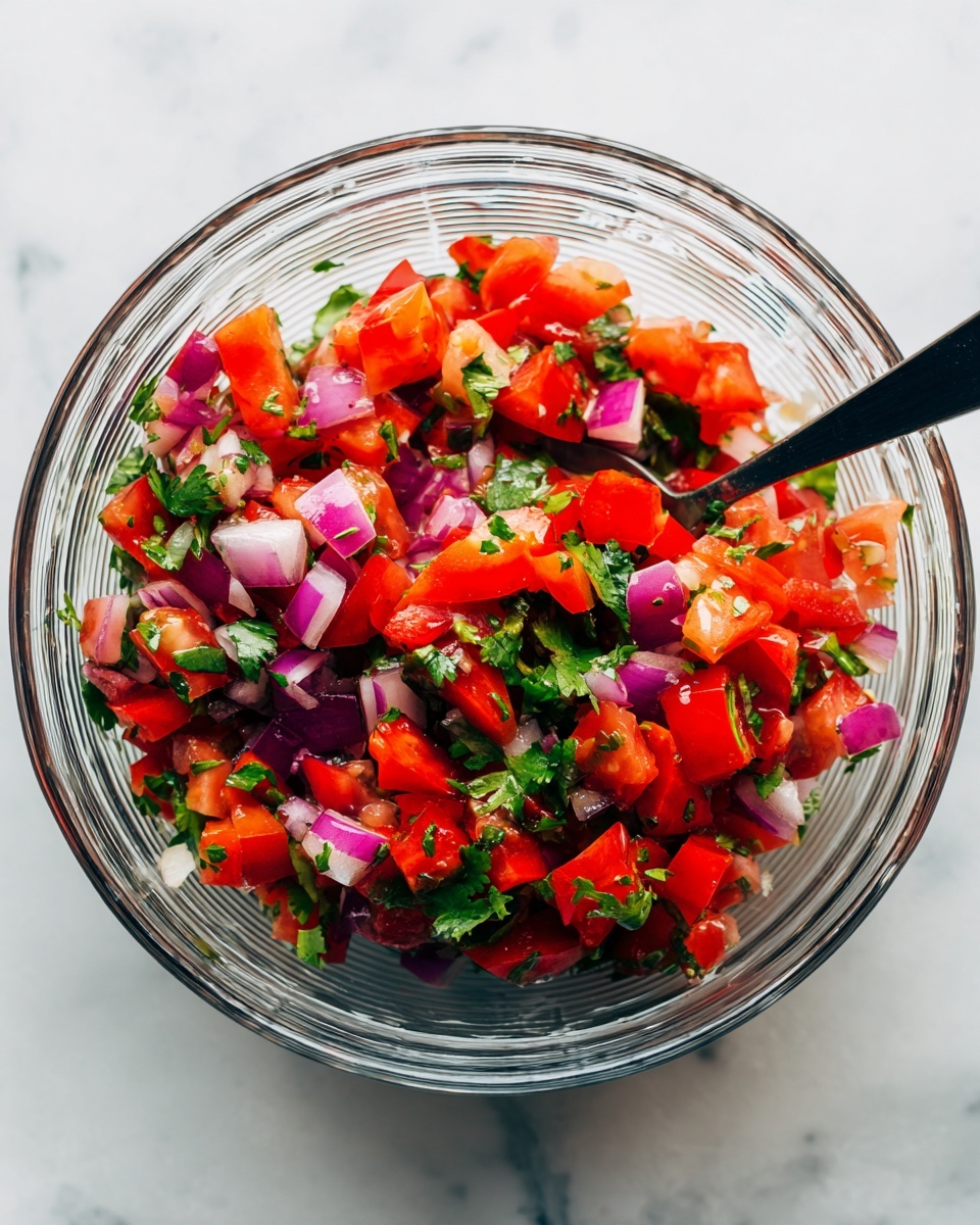 A clear glass bowl filled with a colorful mix of diced red tomatoes, red onions, and bright red bell peppers, all topped with chopped green cilantro leaves, creating a fresh and vibrant look. A black spoon is placed inside the bowl, partially covered by the vegetables, resting on the left side. The bowl sits on a white marbled surface, adding a clean and simple background that highlights the vivid colors of the salsa. The glass bowl shows clear ridges along its sides, giving it texture and depth. photo taken with an iphone --ar 4:5 --v 7