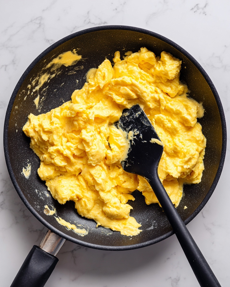 This image shows a black non-stick pan filled with soft scrambled eggs. The eggs are bright yellow with a creamy texture and are slightly lumpy, spread unevenly in the pan. There is a black spatula resting in the pan on the left side, scooping some of the eggs. The inside of the pan has some egg residue stuck in spots, showing use. The background surface is a white marbled texture. photo taken with an iphone --ar 4:5 --v 7