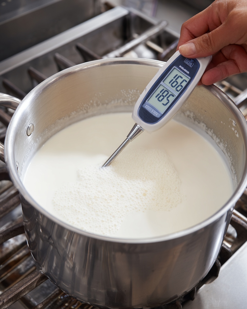The image shows a large silver pot filled with white milk, sitting on a stove with metal grates. Inside the milk, there is a digital thermometer probe that is being held by a woman's hand, showing a temperature reading of 185 on the screen. The milk surface is smooth with a few small bubbles. The pot and stovetop are the only objects in view, with the focus on the milk and thermometer. photo taken with an iphone --ar 4:5 --v 7