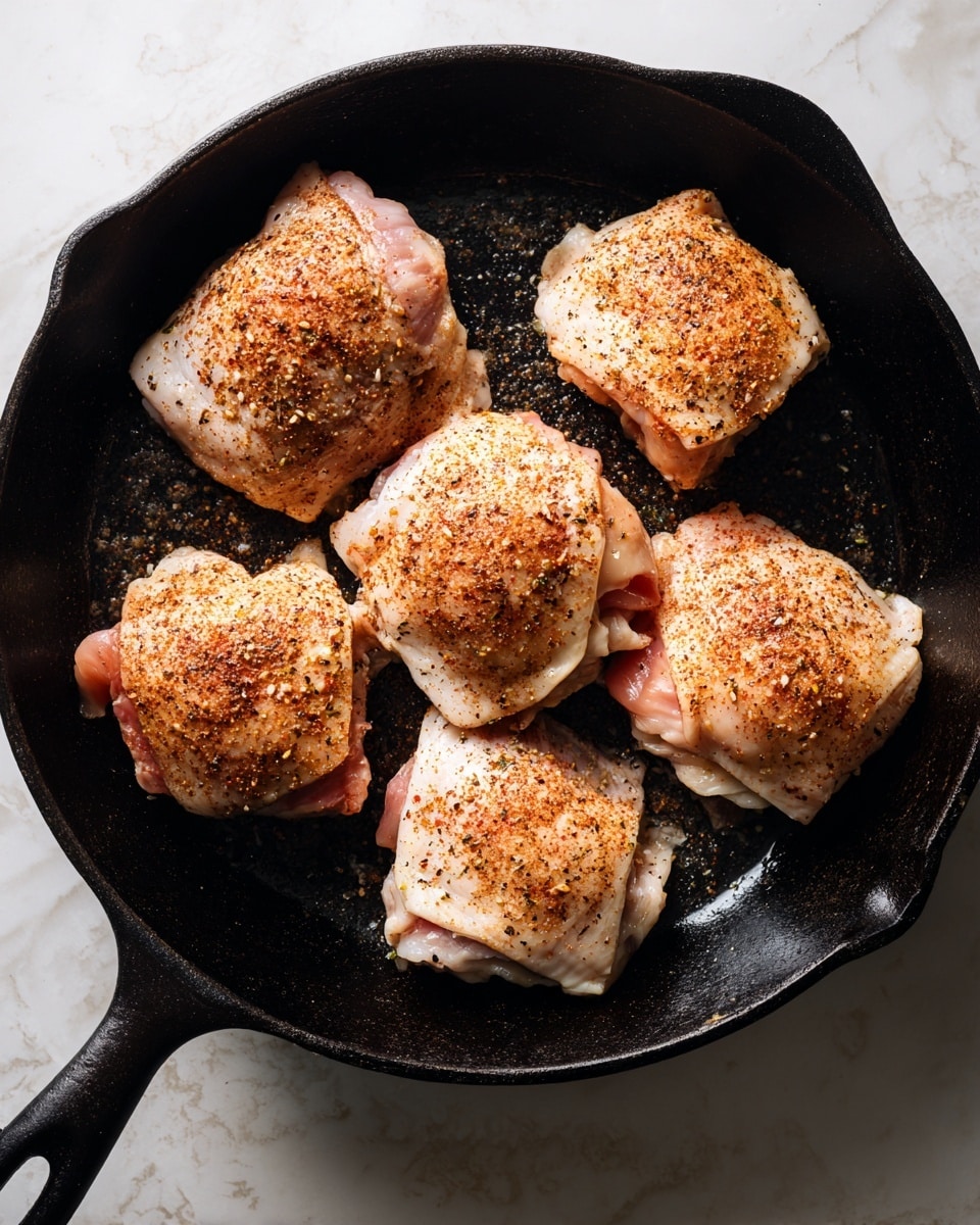 A black cast iron pan filled with six pieces of raw, seasoned chicken thighs. Each piece is light pink with some white fat along the edges and sprinkled evenly with a reddish-brown spice mix. The chicken pieces are spread out across the pan’s surface with some space between them. The pan sits on a stove burner and the background has a white marbled texture. photo taken with an iphone --ar 4:5 --v 7