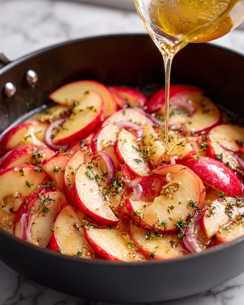 The image shows a black pan filled with many thin slices of red apple with the skin on, cooked together with small bits of fresh green herbs and thin slices of red onion. A golden liquid is being poured from above, coating the apple slices. The apple slices have a warm, cooked look with a slight shine from the liquid, and some show a light brown tint from cooking. The background behind the pan is a clean white marbled surface. photo taken with an iphone --ar 4:5 --v 7