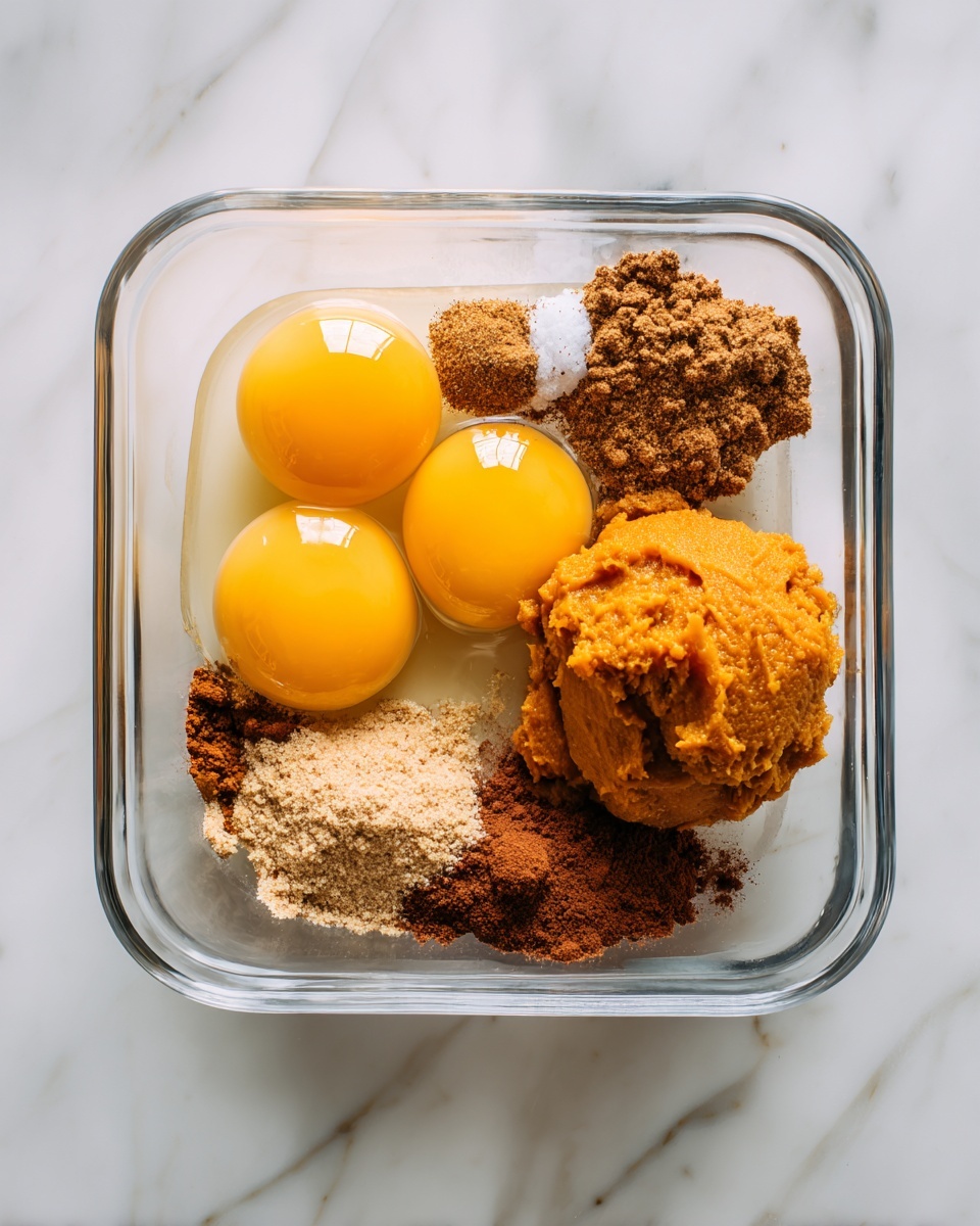In a clear glass square dish on a white marbled surface, there are three raw eggs with bright yellow yolks and shiny whites placed together on the left side. To the right of the eggs, there is a smooth scoop of orange pumpkin puree. Around the eggs and pumpkin, there are various brown and tan powders and granules scattered in small piles, showing cinnamon, nutmeg, and brown sugar. The mix of textures is soft, powdery, and wet, all waiting to be mixed. photo taken with an iphone --ar 4:5 --v 7