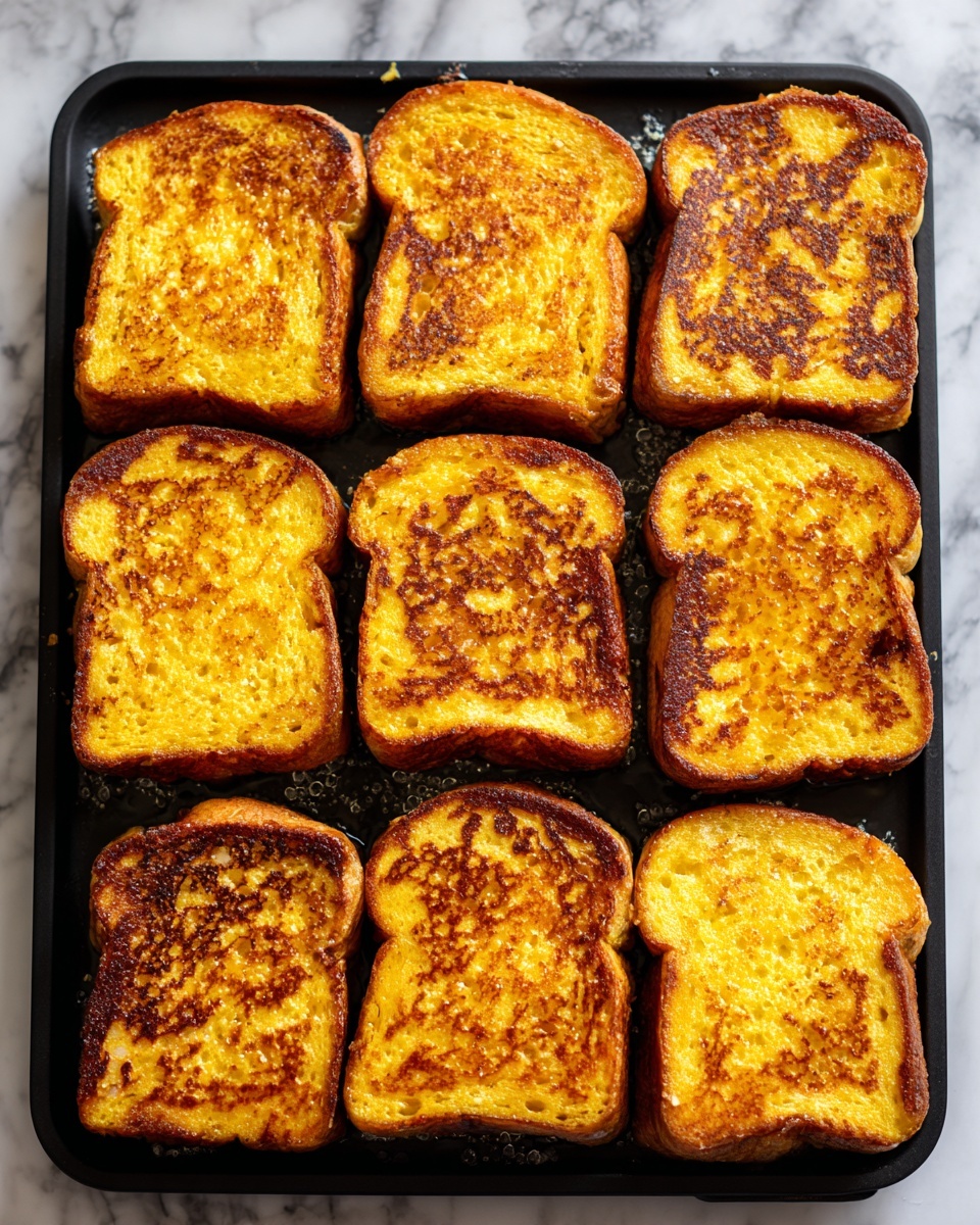 The image shows nine slices of golden brown French toast arranged neatly in three rows on a black griddle. Each slice has a toasted surface with darker browned spots and a soft, spongy texture visible along the edges. The slices have a warm orange-yellow color with slightly crispy crusts, and the griddle has some small patches of oil or butter around the toast. The background is a white marbled texture. photo taken with an iphone --ar 4:5 --v 7