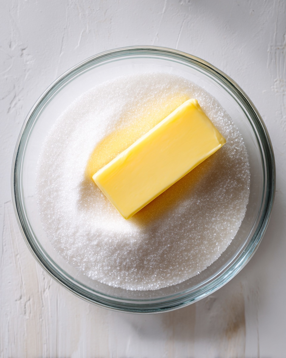 A clear glass bowl holds one layer of fine white sugar covering the bottom, topped with a single solid yellow stick of butter placed diagonally on the sugar. The bowl rests on a white marbled surface that shows faint shadows and wood textures around the edges. The lighting is soft, enhancing the smooth texture of the butter and the fine grain of the sugar, photo taken with an iphone --ar 4:5 --v 7