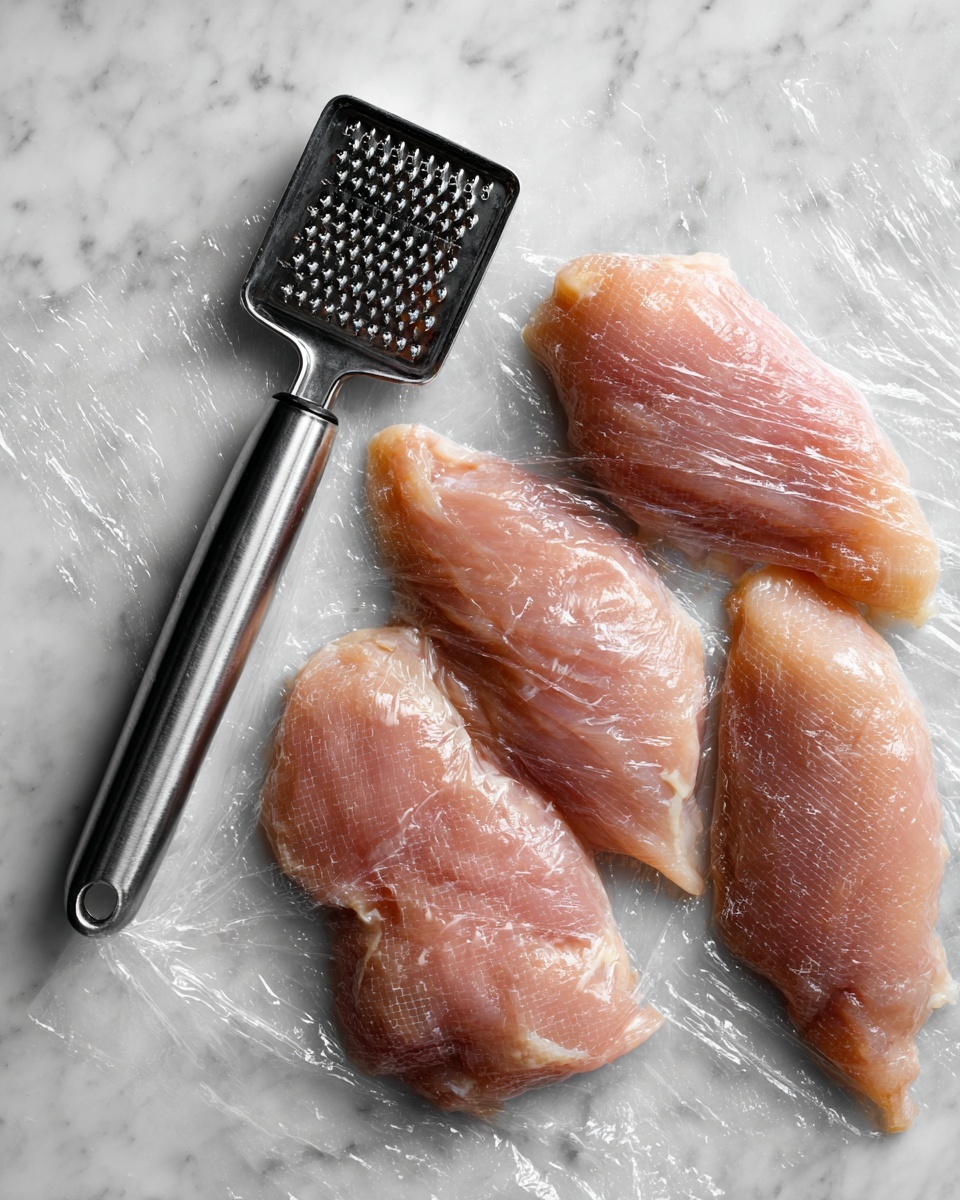 Four raw light pink chicken fillets lay flat on a white marbled surface, each covered with a layer of clear plastic wrap. A metal meat tenderizer with a black square textured head and a silvery handle rests on the second fillet from the left. The fillets have smooth, moist textures and are arranged side by side in a row. photo taken with an iphone --ar 4:5 --v 7