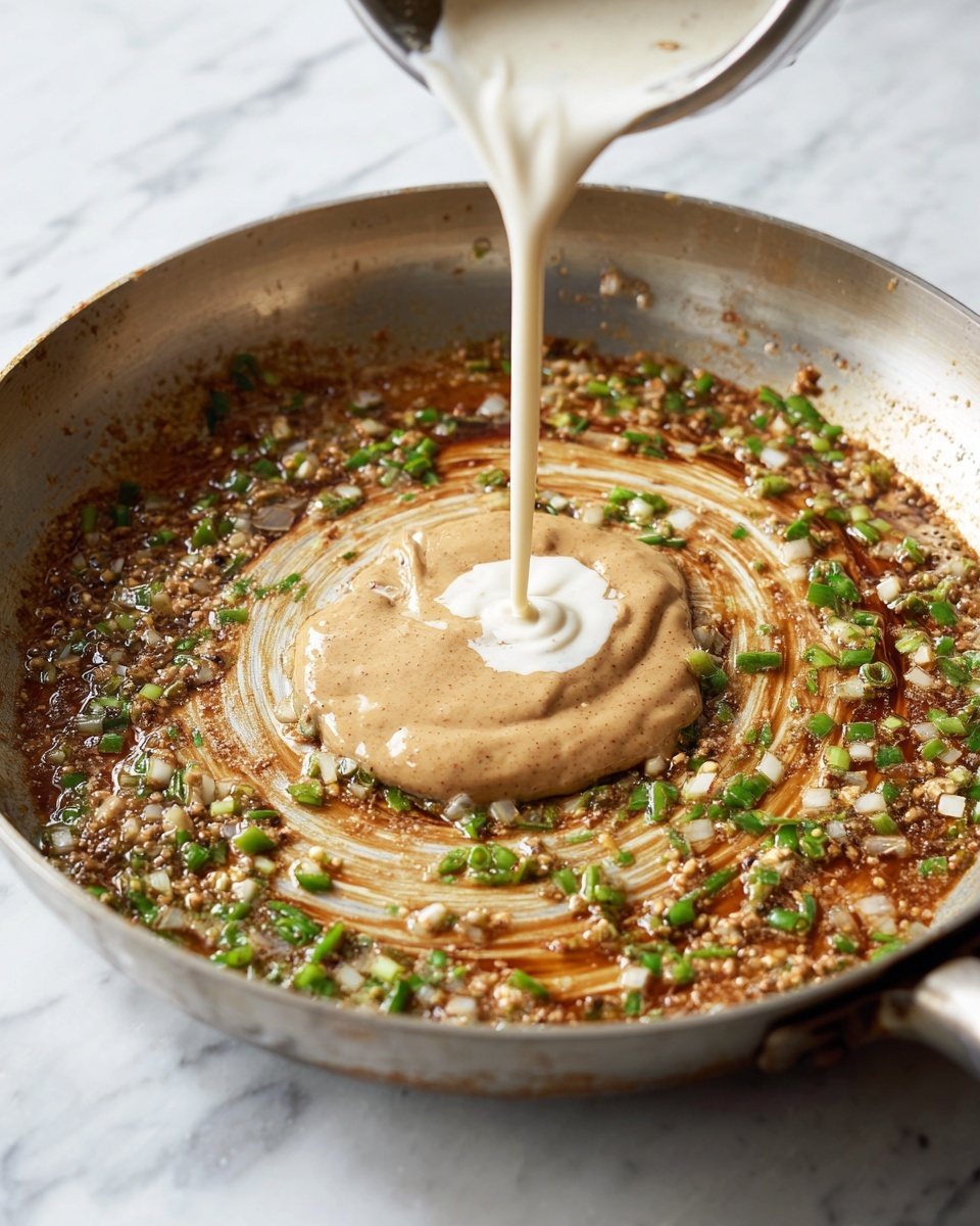 The image shows a close-up of a round metal frying pan with a brown sauce mixed with bits of green herbs and small chopped onions spread across the bottom. A large dollop of light brown paste sits near the center, while a white creamy liquid is being poured gently from above into the sauce, creating a creamy swirl effect on the surface. The pan is on a stove with the background showing a white marbled surface. photo taken with an iphone --ar 4:5 --v 7