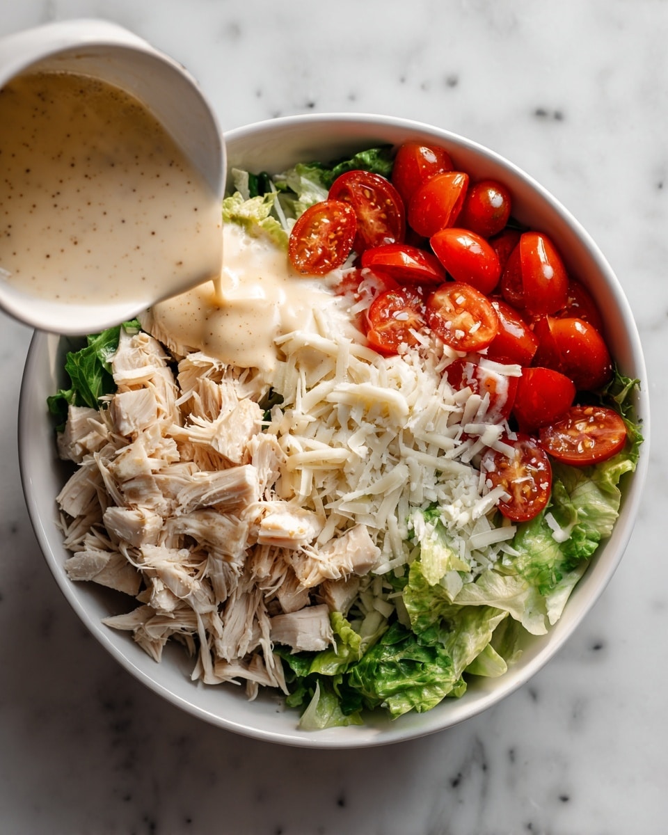 A white bowl with a salad divided into four sections: chopped light beige chicken pieces on the left, shredded white cheese next to the chicken, bright red halved cherry tomatoes on the top right, and fresh green lettuce leaves on the bottom right. A creamy dressing is being poured over the chicken and also drizzled over the tomatoes and lettuce. The bowl sits on a white marbled surface. photo taken with an iphone --ar 4:5 --v 7