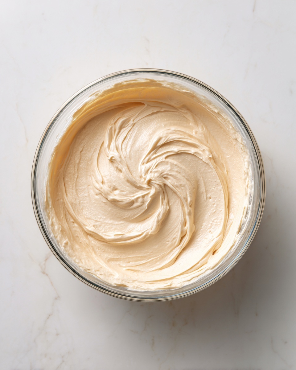 The image shows a clear glass bowl filled with a smooth and creamy light beige mixture. The texture is soft and slightly whipped, with gentle swirls and peaks spread evenly throughout the bowl. The light reflects softly on the surface, highlighting the subtle ridges and airy consistency of the mixture. The bowl is placed on a white marbled surface which provides a clean and bright background for the creamy contents. photo taken with an iphone --ar 4:5 --v 7
