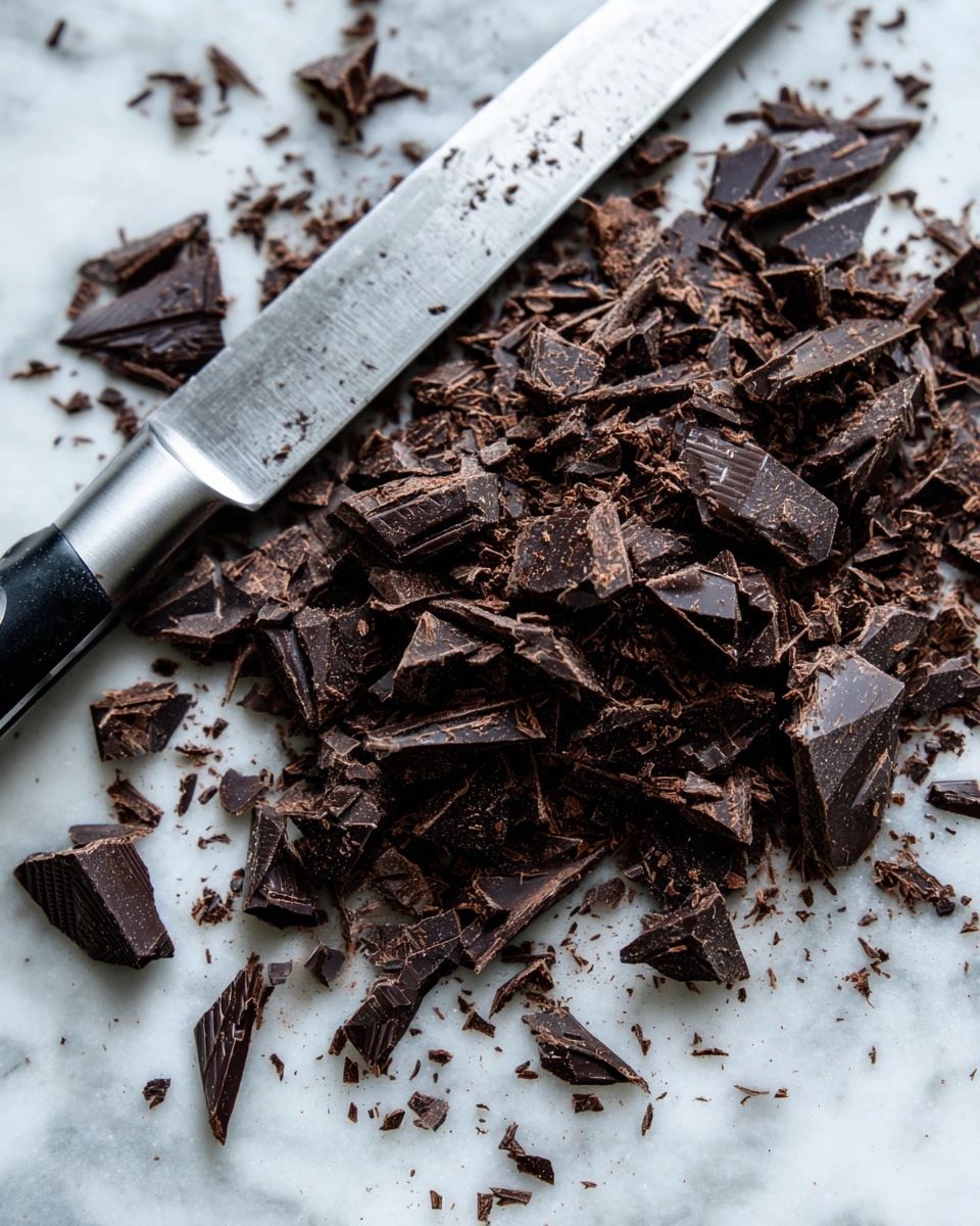 A close-up image of a pile of chopped dark chocolate pieces in various sizes and shapes spread on a white marbled surface. The chocolate fragments show rough, uneven edges and some finely grated bits around the edges. Next to the pile is a large silver knife with a black handle, resting flat on the surface with some chocolate crumbs nearby. The overall scene is simple and focused on the texture of the chopped chocolate. photo taken with an iphone --ar 4:5 --v 7