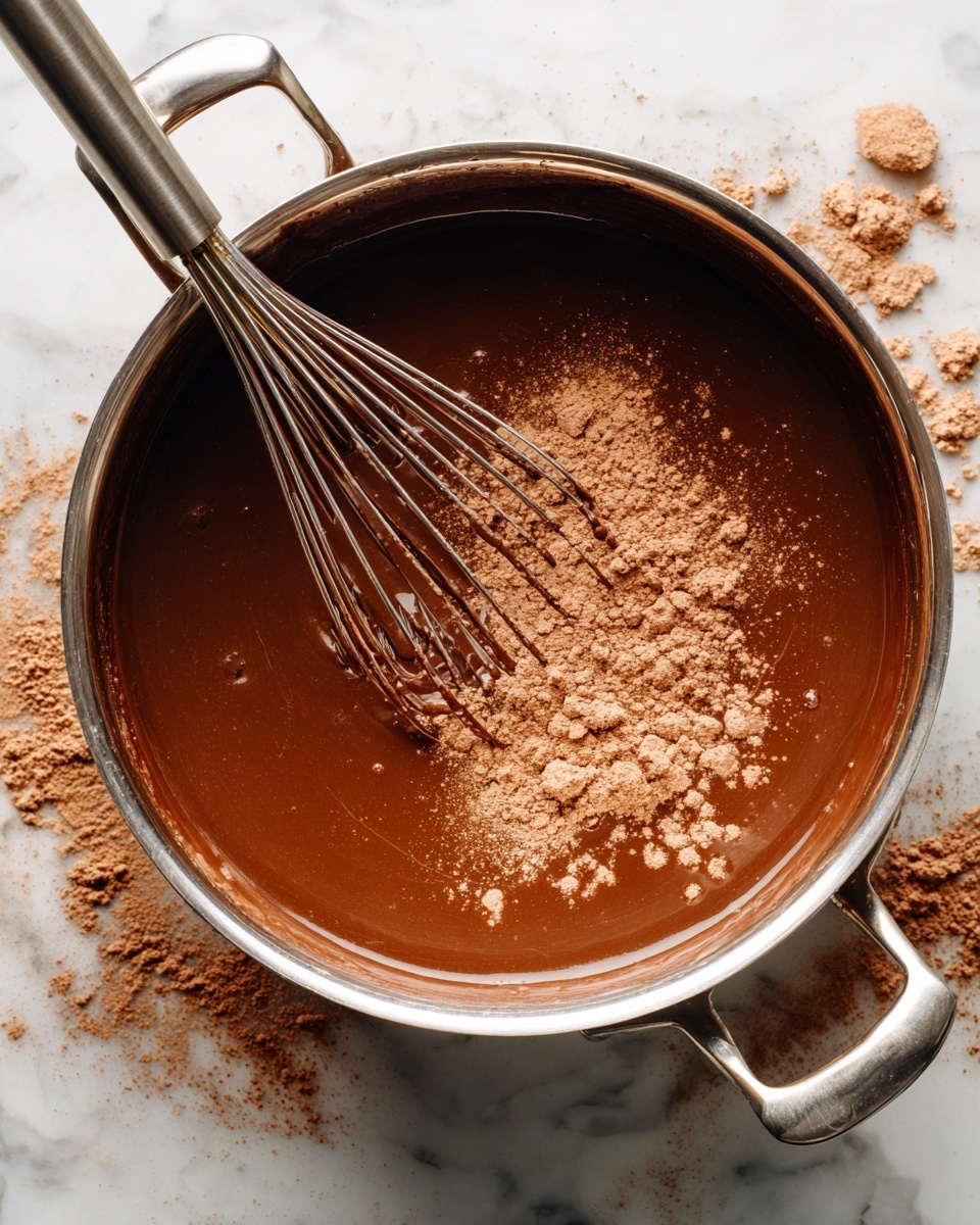 A close-up view of a silver pot on a stove with dark brown chocolate liquid inside, showing a smooth thick texture; on the surface, there are scattered light brown powder clumps and a silver whisk partially dipped into the mixture from the upper left side. The pot has two shiny handles on the sides. The background and surrounding area have a white marbled texture. photo taken with an iphone --ar 4:5 --v 7