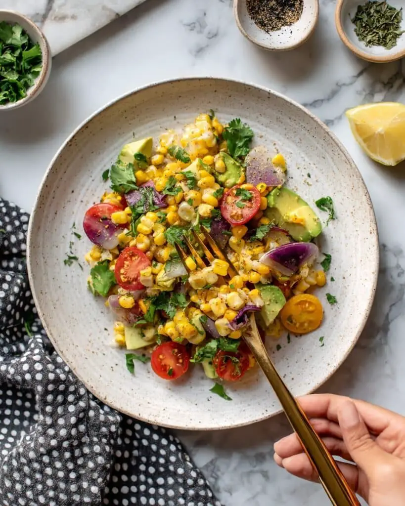 Charred Corn and Roasted Red Onion Salad with Avocado and Cilantro Recipe