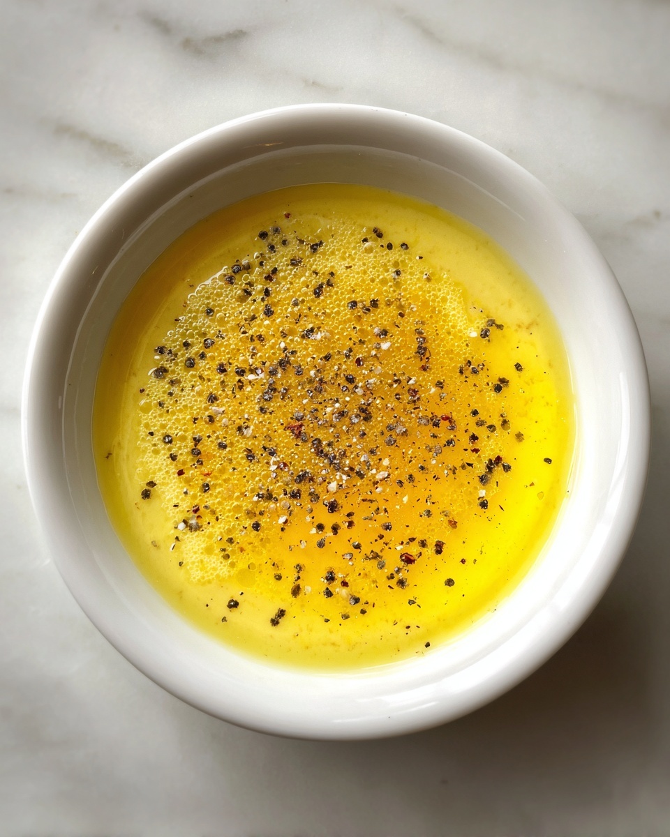 The image shows a white bowl with a thick yellow sauce layer at the bottom, topped with a golden oil layer shining on top. Small black specks, likely pepper, are sprinkled over the oil, adding texture. The bowl sits on a white marbled surface, enhancing the colors of the sauce and oil. photo taken with an iphone --ar 4:5 --v 7