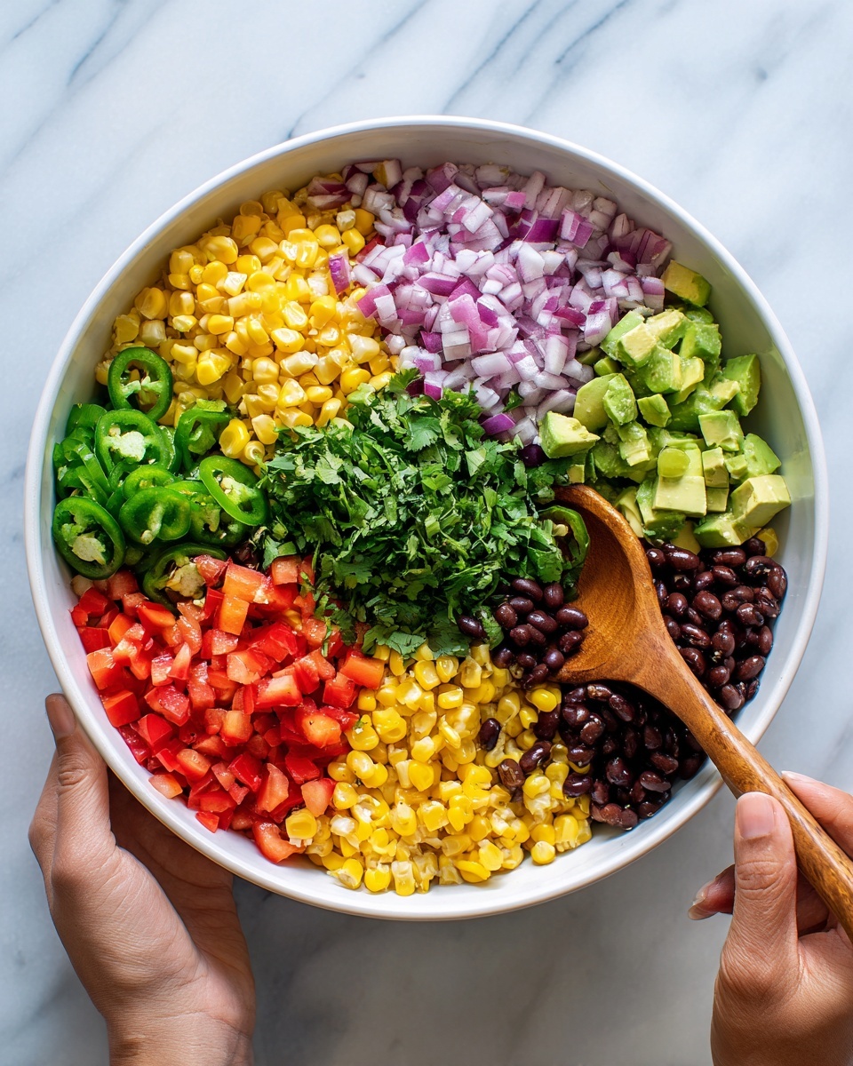 A close-up image shows a colorful layered bean salad in a wooden bowl sitting on a white marbled surface. The salad has several layers with black beans, light tan beans, bright yellow corn, green bell peppers, red cherry tomato pieces, and small chunks of purple onion mixed throughout. The textures vary from smooth beans to slightly crunchy vegetables. A woman's hand is holding a triangular beige chip, scooping some of the salad from the right side. The image is focused tightly on the food, showing the mix of fresh ingredients and bright colors in detail. photo taken with an iphone --ar 4:5 --v 7