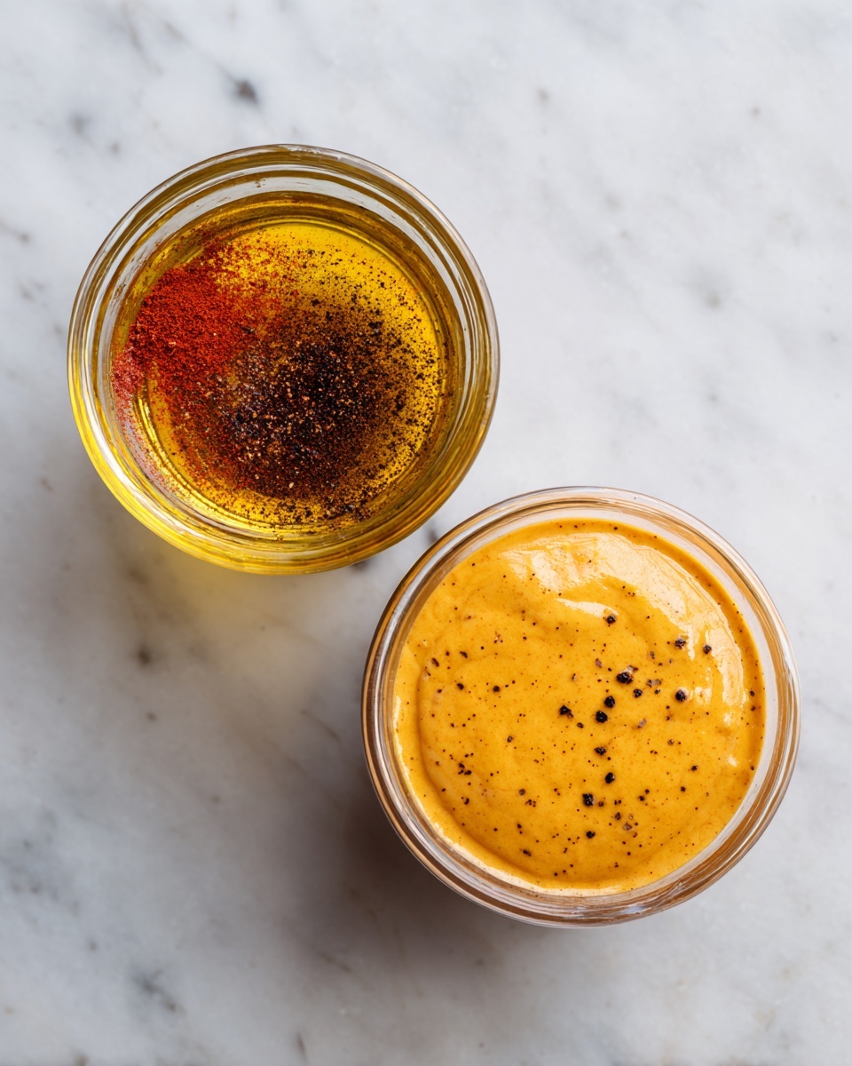 The image shows two clear glass cups, each with a mix of spices and oil inside. The first cup on the left has a layer of golden-yellow oil on top, with bright red and dark brown spice powders floating just under the surface. The second cup on the right holds a smooth, thick orange sauce with tiny dark specks evenly spread throughout. Both cups are placed on a white marbled surface, and the photo is taken from above. photo taken with an iphone --ar 4:5 --v 7