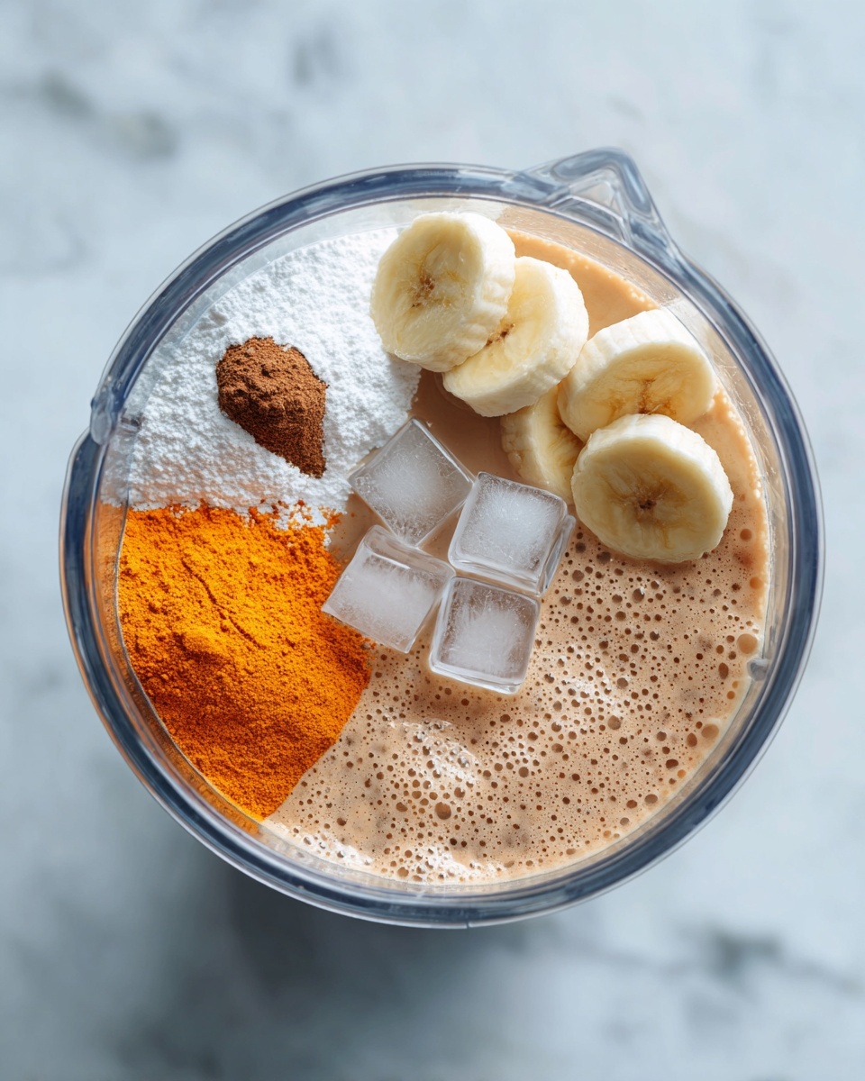 The image shows three top-down views inside a transparent blender container against a white marbled surface. In the first view, there are five layers: bottom white powder, a scoop of bright orange puree on the left, cinnamon powder in the top right, banana slices with a peeled texture on the top left, and a small dollop of brown paste near the center. In the second image, the same orange puree and white powder are visible on the bottom, with six clear ice cubes stacked on top. The third view shows a blended light brown, frothy mix with small bubbles spread evenly across the surface inside the blender. Photo taken with an iphone --ar 4:5 --v 7