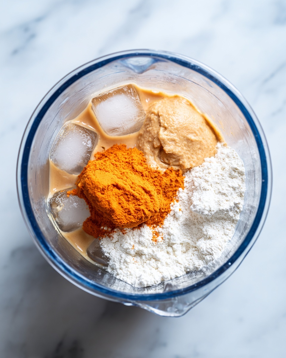 The image shows the inside of a clear blender jar placed on a white marbled surface. Inside the jar, there are three main layers: a light brown liquid with ice cubes on the left side, a bright orange thick scoop positioned near the top right, and a pile of white powder spread in the lower right corner. The layers are distinct and not mixed. Photo taken with an iphone --ar 4:5 --v 7