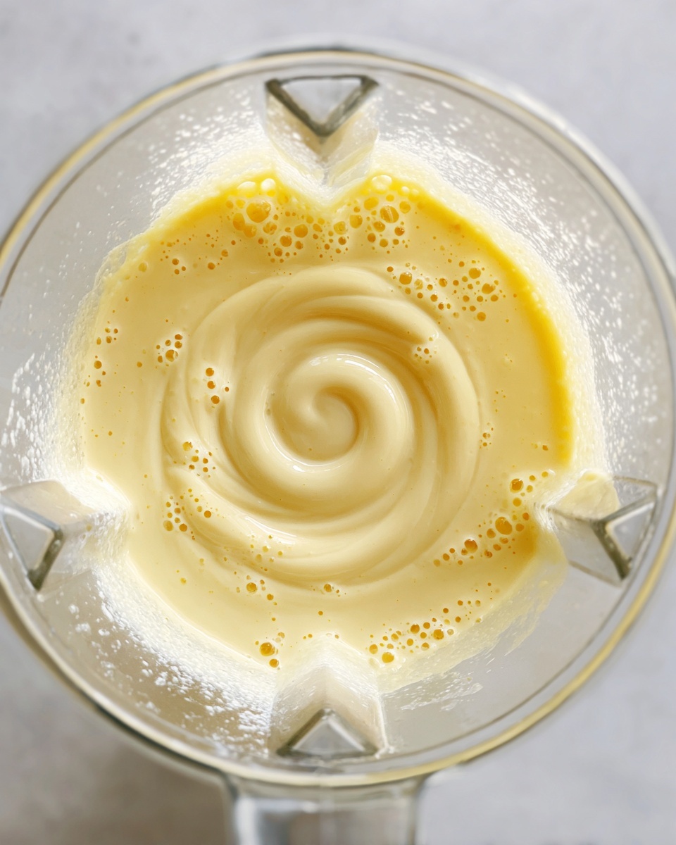A close-up top view of a clear blender container filled with a light yellow creamy mixture that has a smooth texture with small bubbles on the surface, slightly swirled into a spiral pattern, placed on a white marbled surface photo taken with an iphone --ar 4:5 --v 7